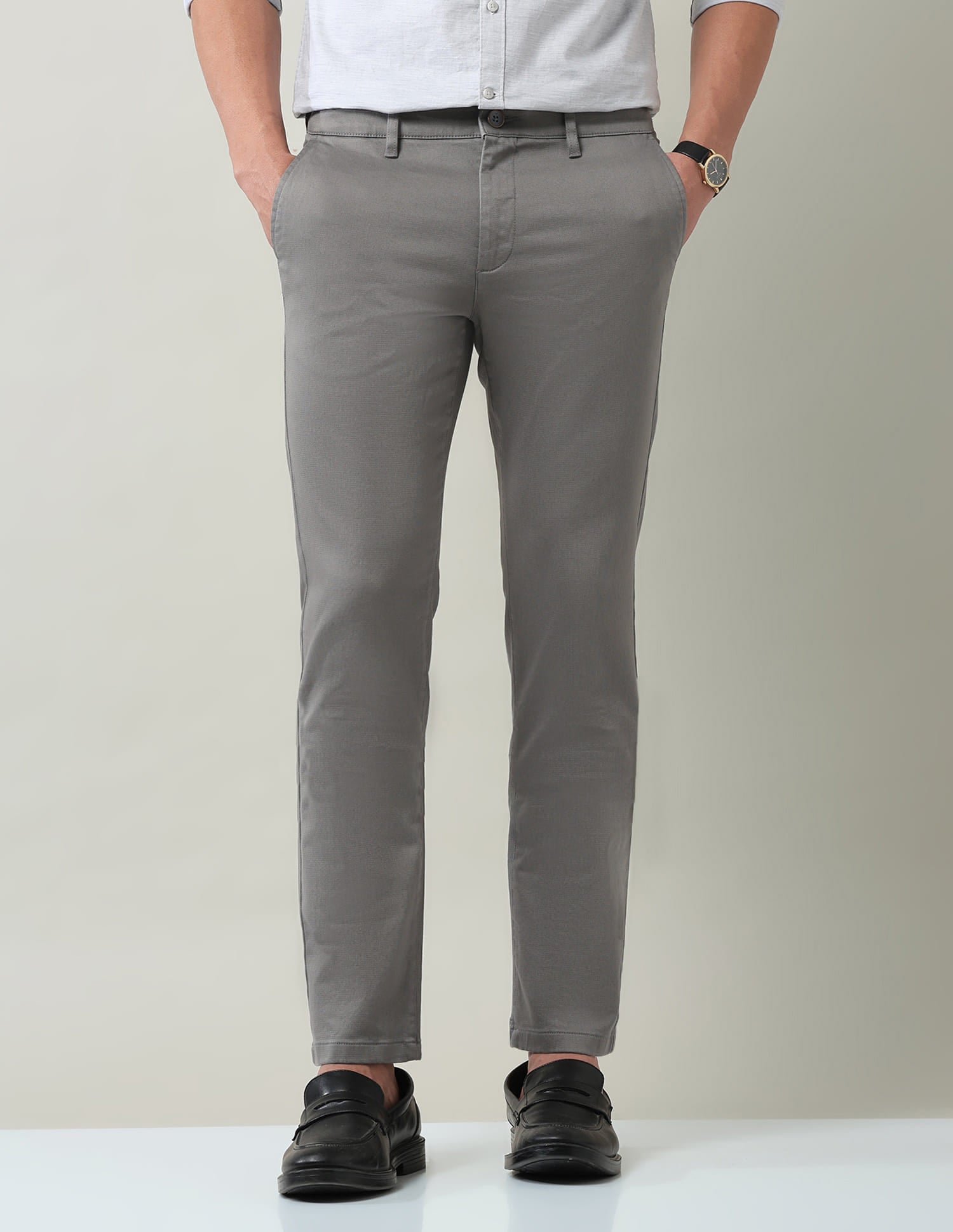 Work Essentials Solid Slim Fit Dobby Trousers