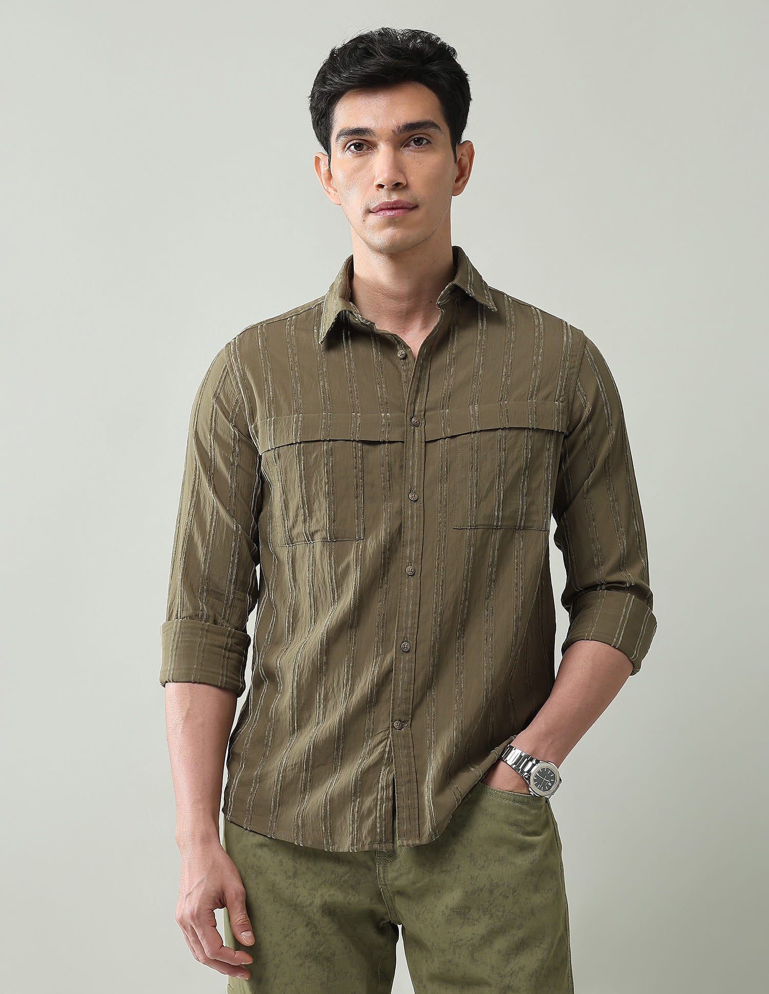 Vertical Striped Slim Fit Dobby Weave Shirt
