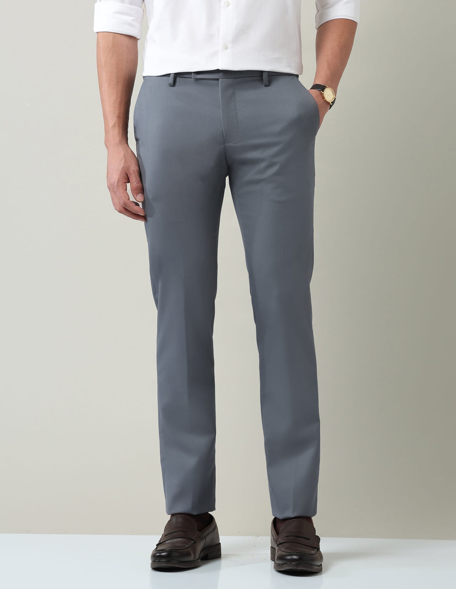 Work Essentials Solid Slim Fit Dobby Trousers