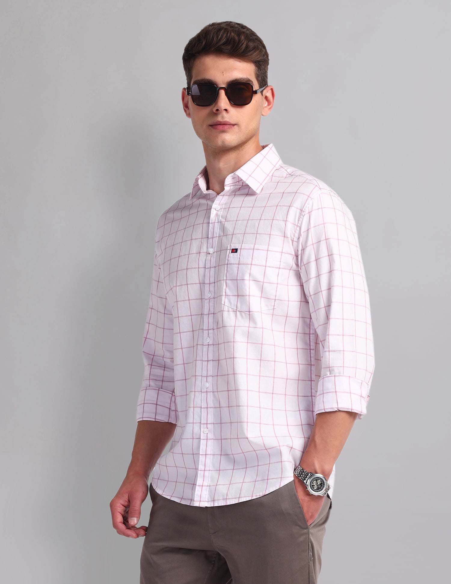 Office essential Windowpane Check Cotton Shirt