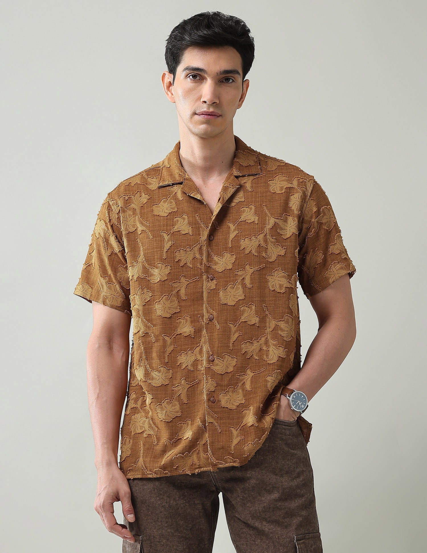All over Floral pattern jacquard weave slim fit shirt