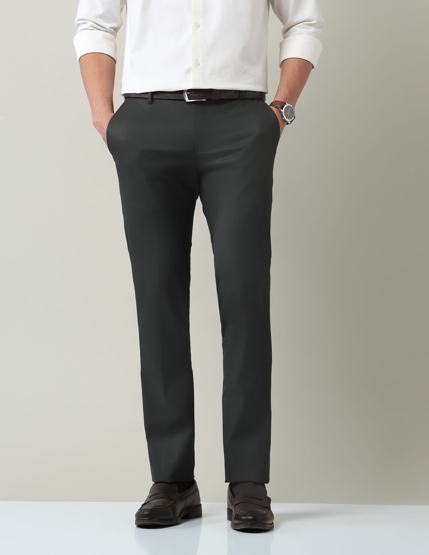 Work Essentials Solid Slim Fit Dobby Trousers