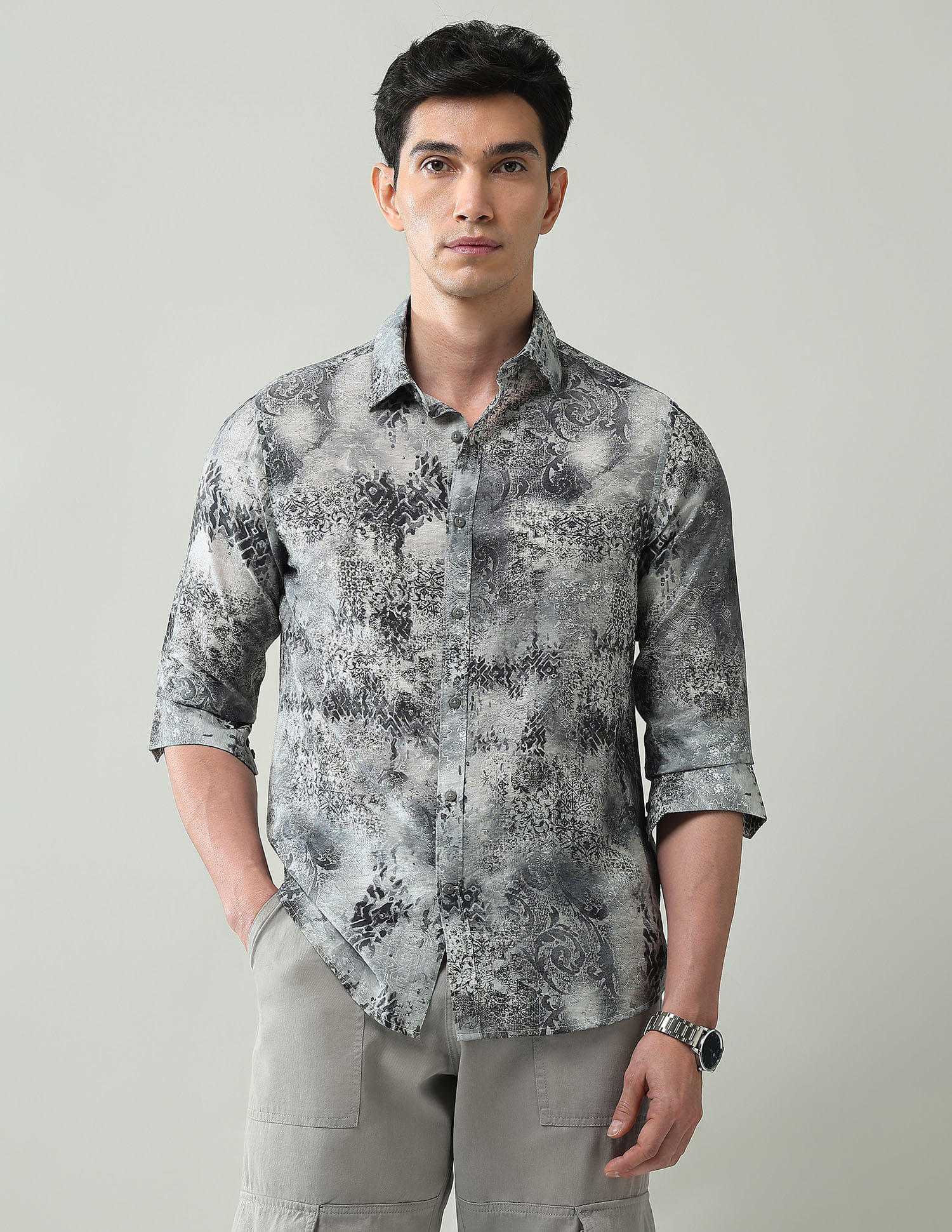 Abstract Printed Slim Fit Dobby Weave Shirt