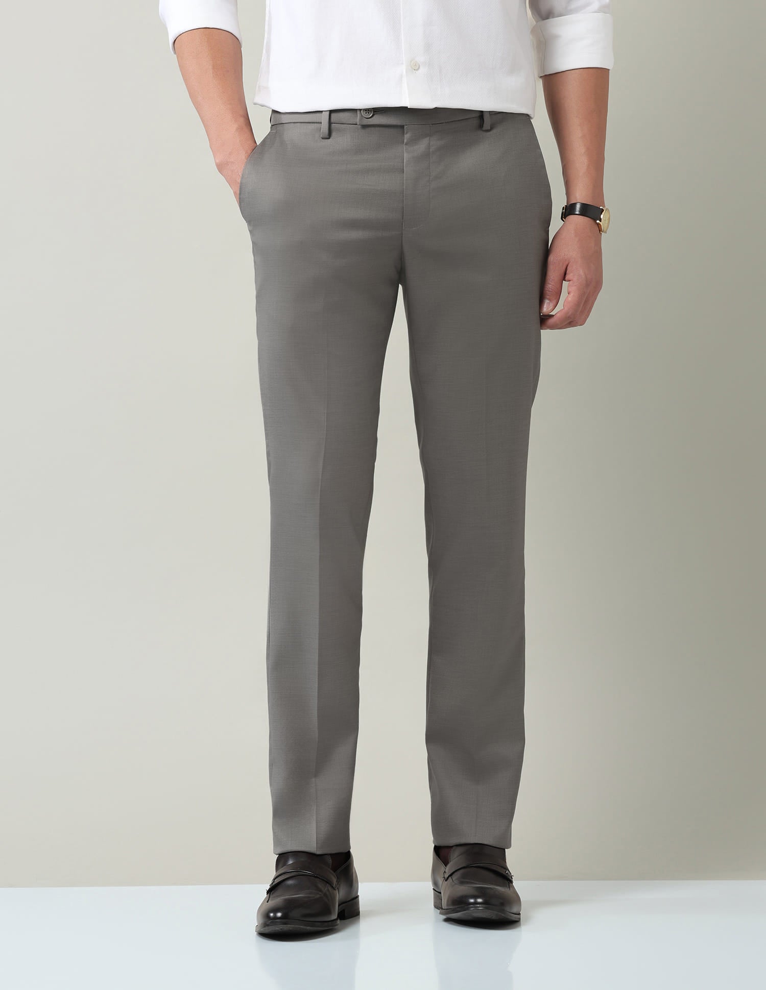 Work Essentials Solid Slim Fit Dobby Trousers