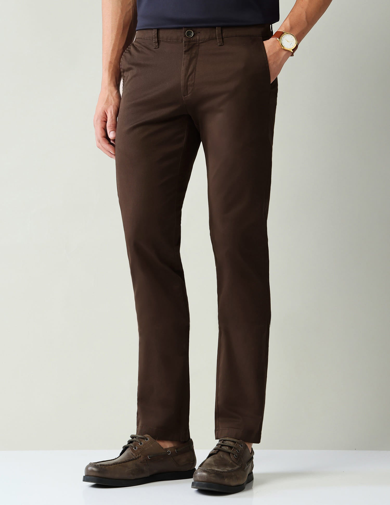 Solid Mid-Rise Slim Fit Trousers