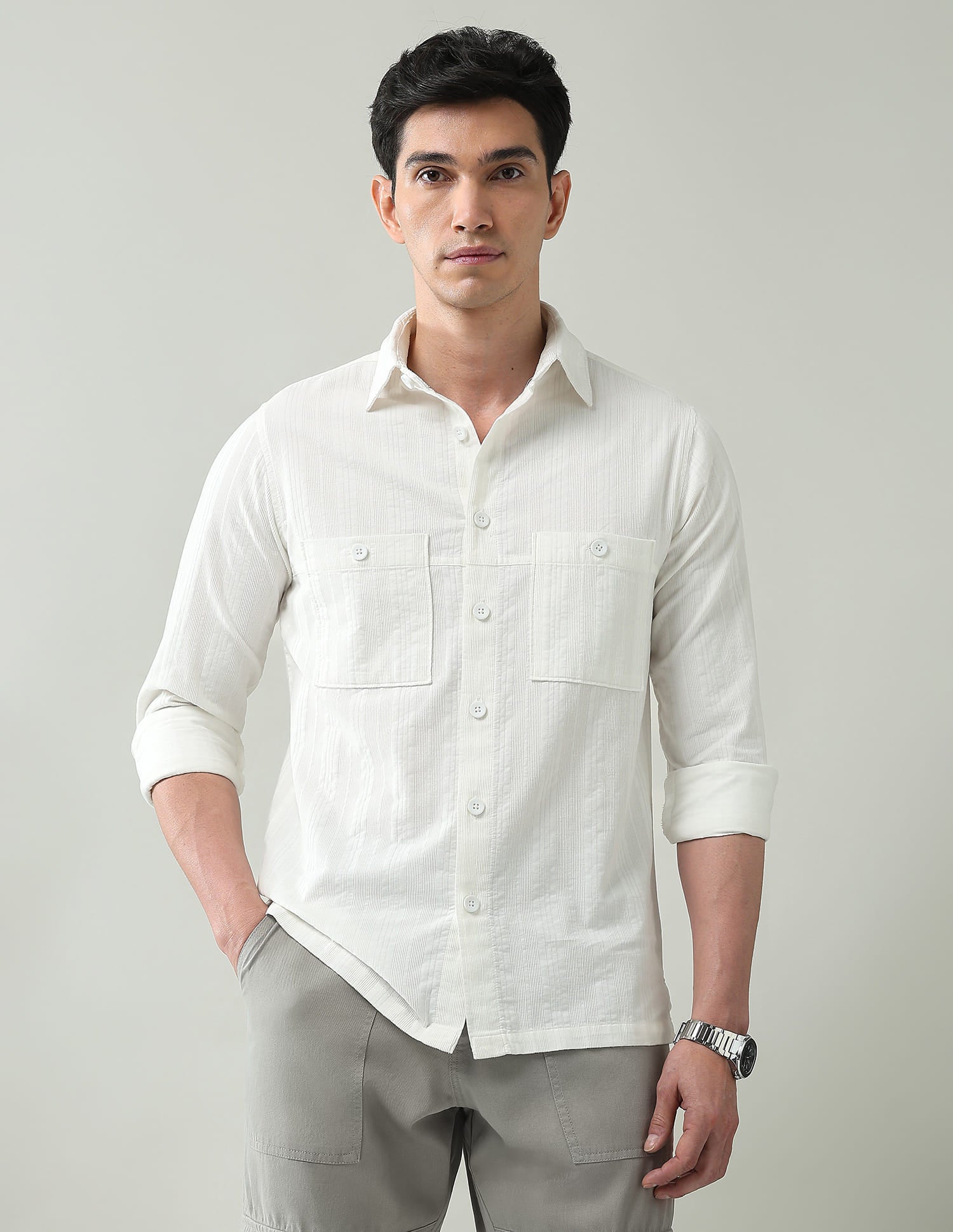 Noir Luxe Vertical Striped Slim Fit Dobby Weave Shirt