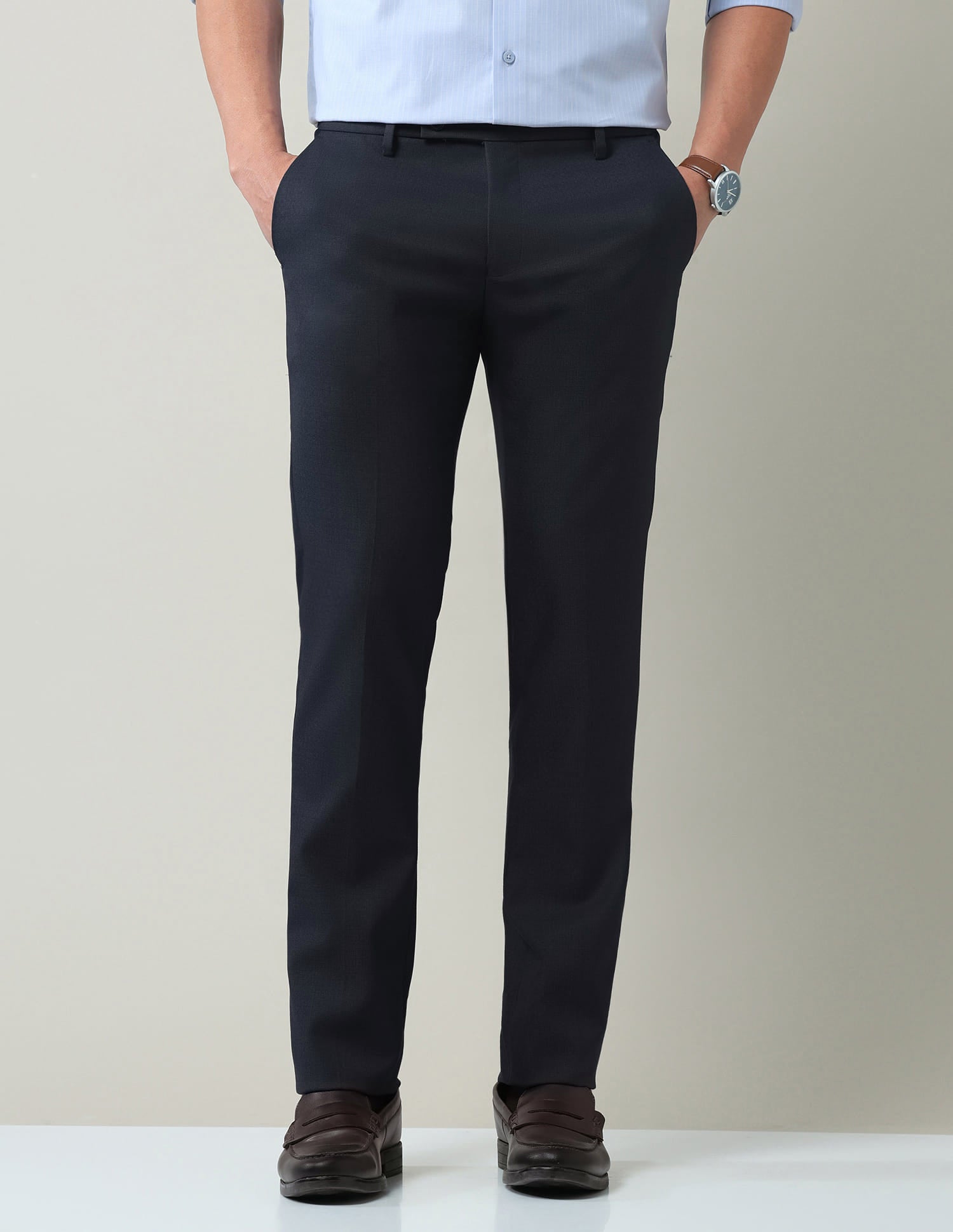Work Essentials Solid Slim Fit Dobby Trousers