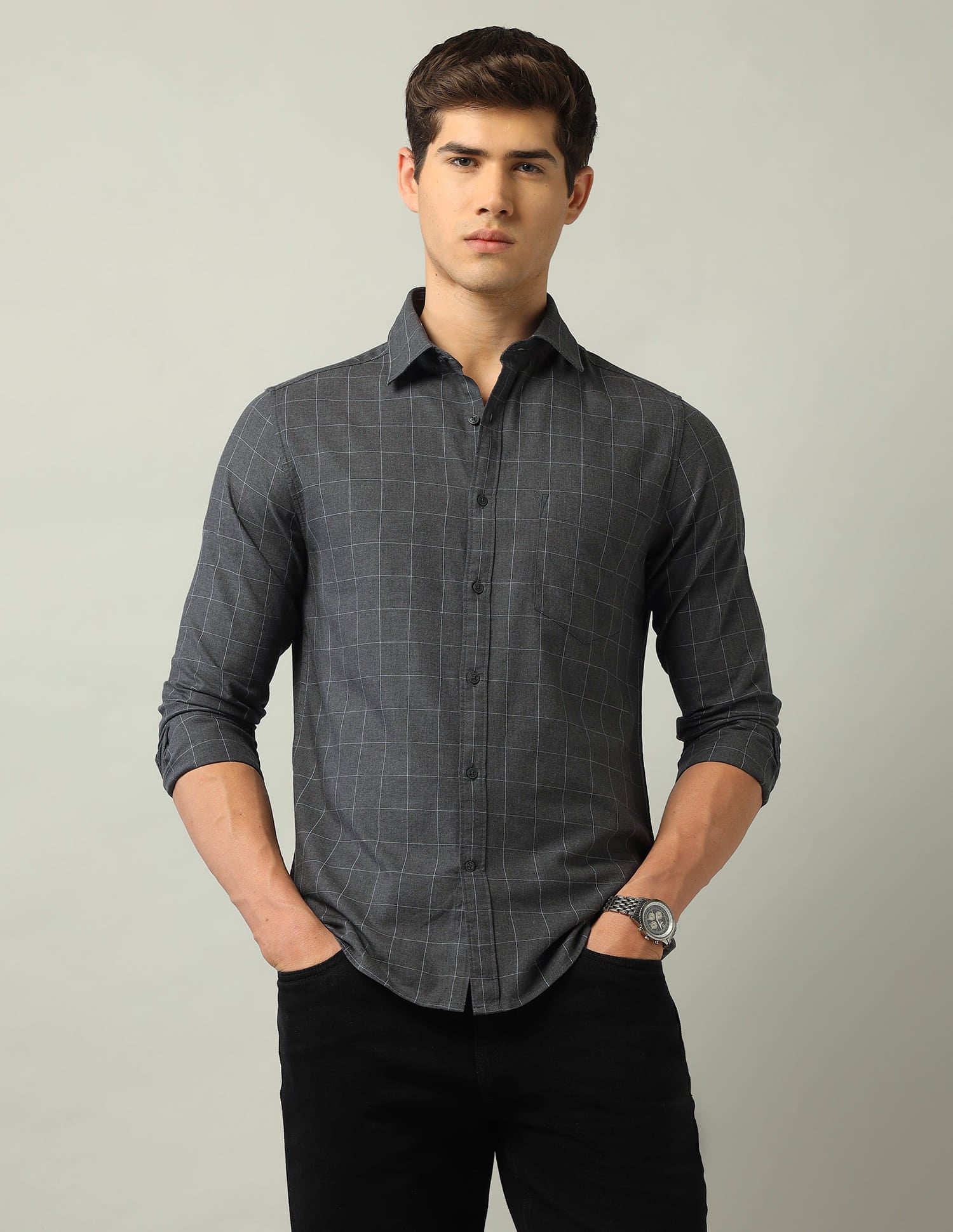 Windowpane Checked Modern Slim Fit Shirt