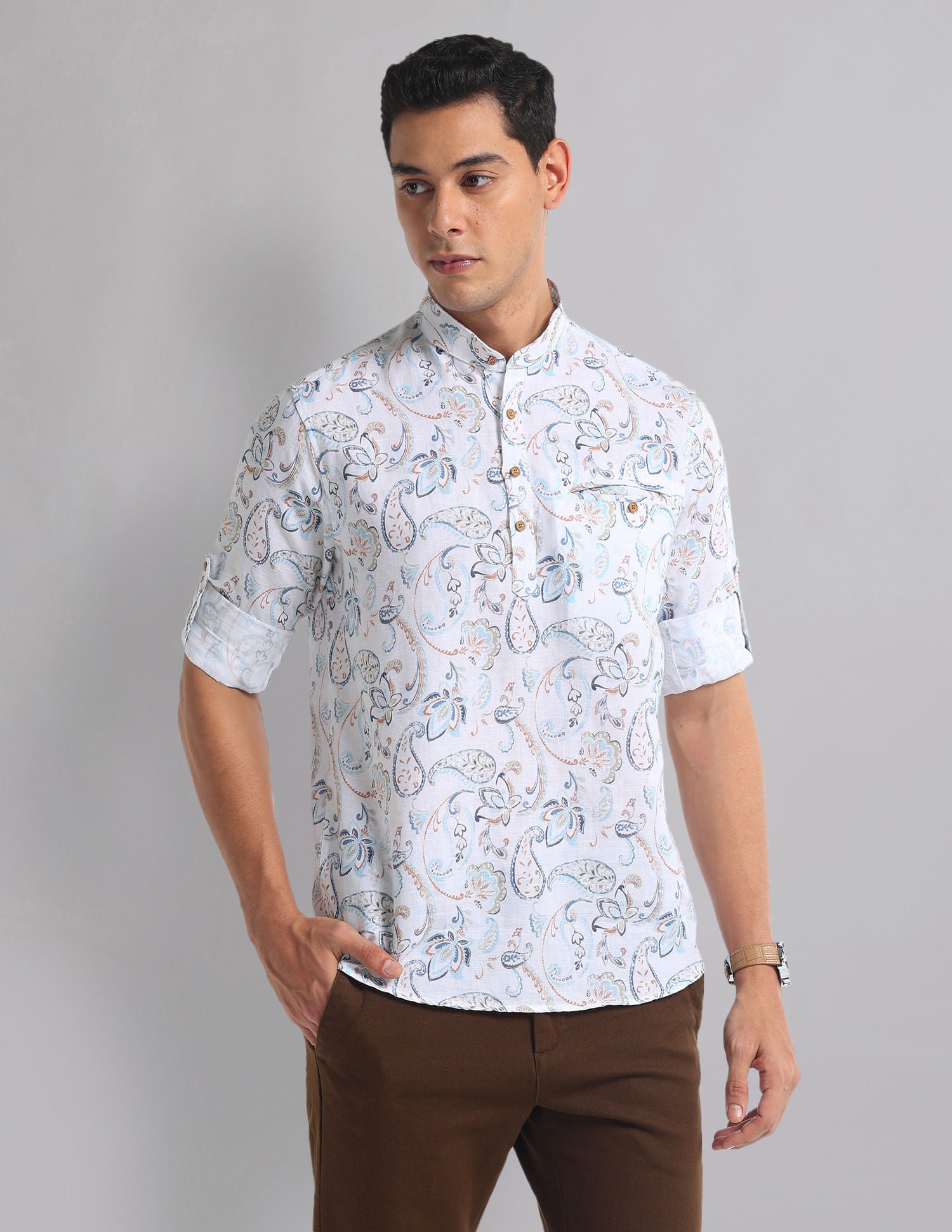Weekend Paisley Print Mandarin Collar Indie Shirt