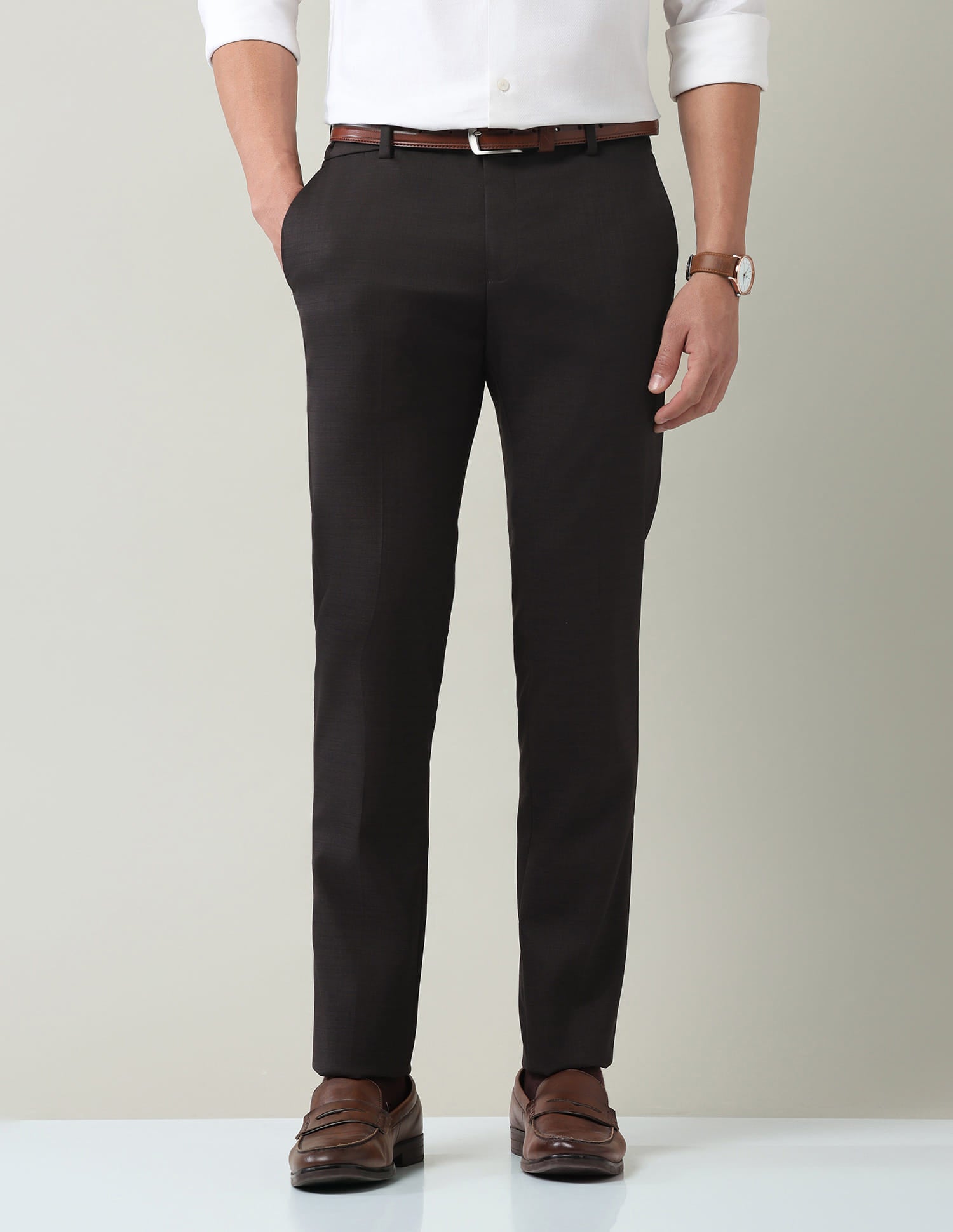 Work Essentials Solid Slim Fit Dobby Trousers