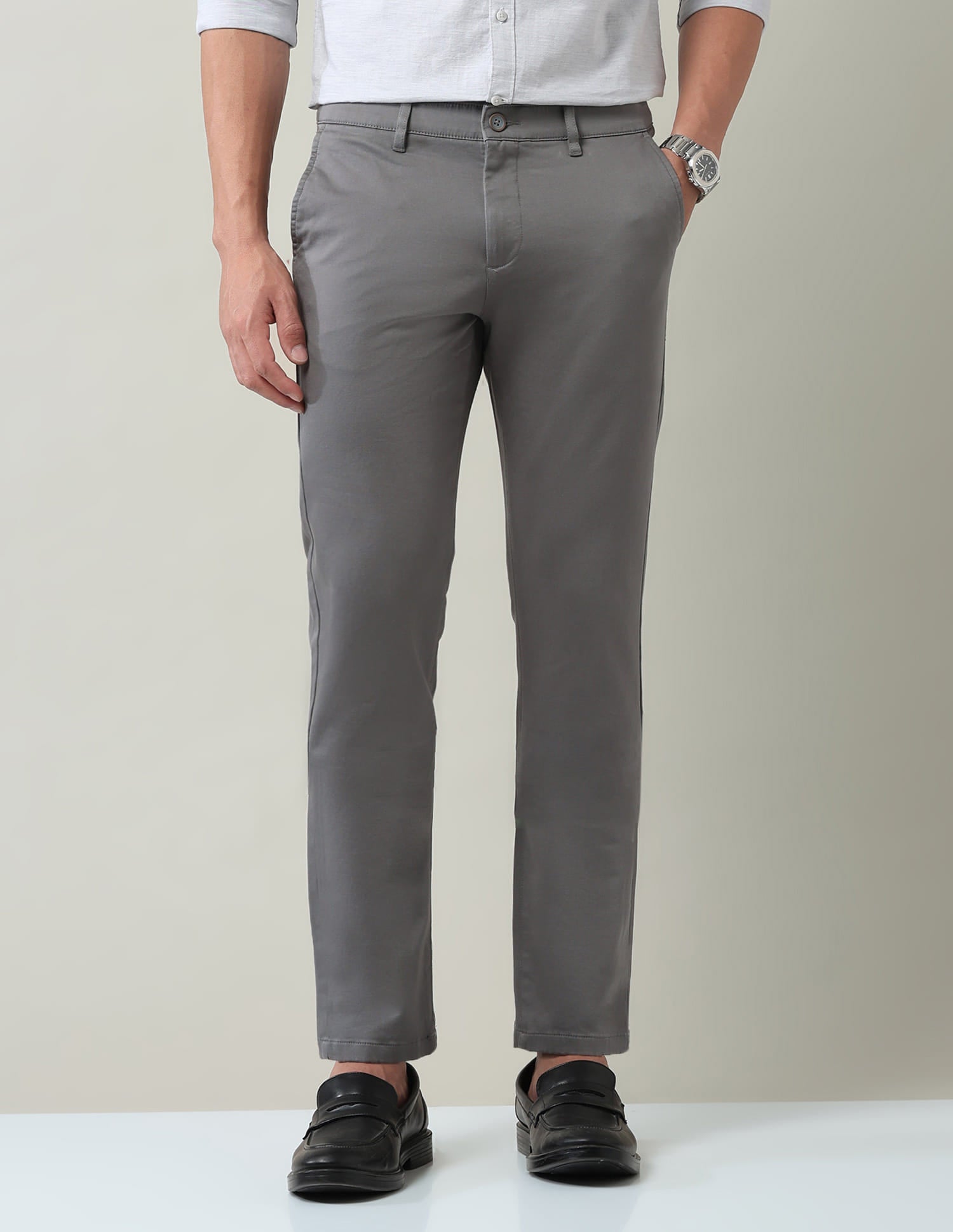 Work Essentials Solid Slim Fit Dobby Trousers
