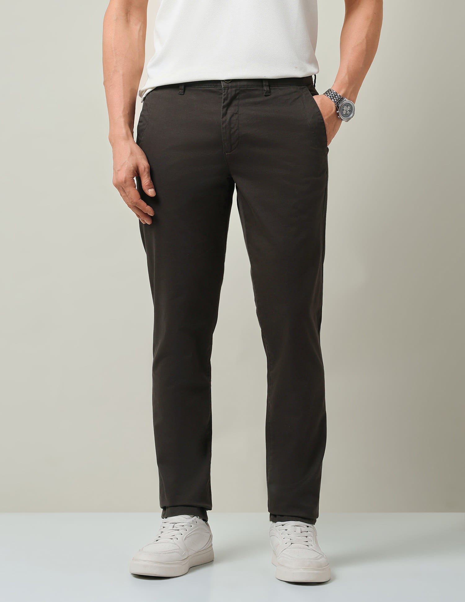 Work Essentials Solid Slim Fit Dobby Trousers
