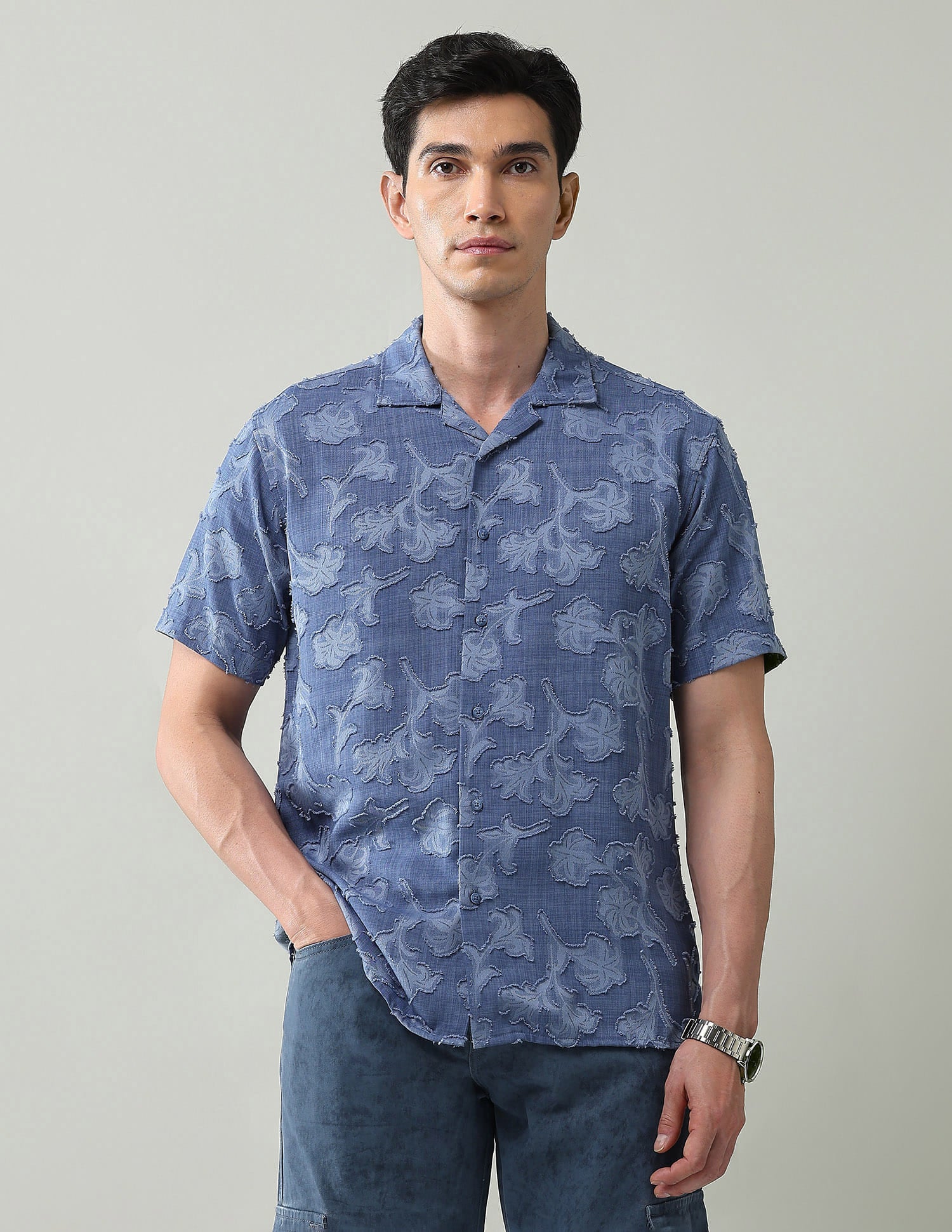 All over Floral pattern jacquard weave slim fit shirt