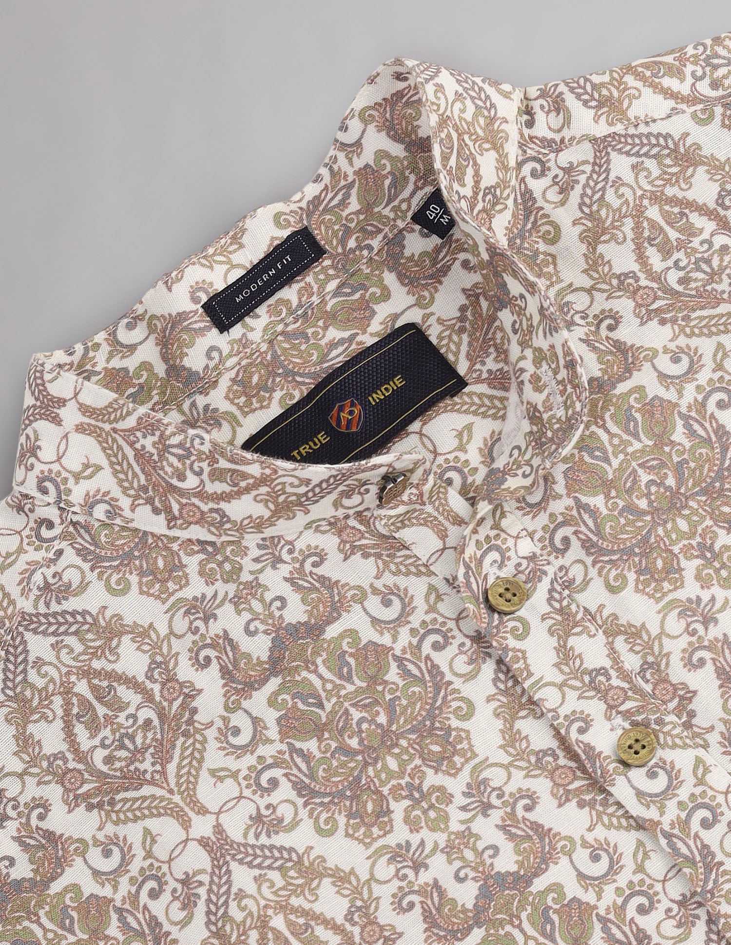 Paisley Motif Print Mandarin Collar Indie Shirt