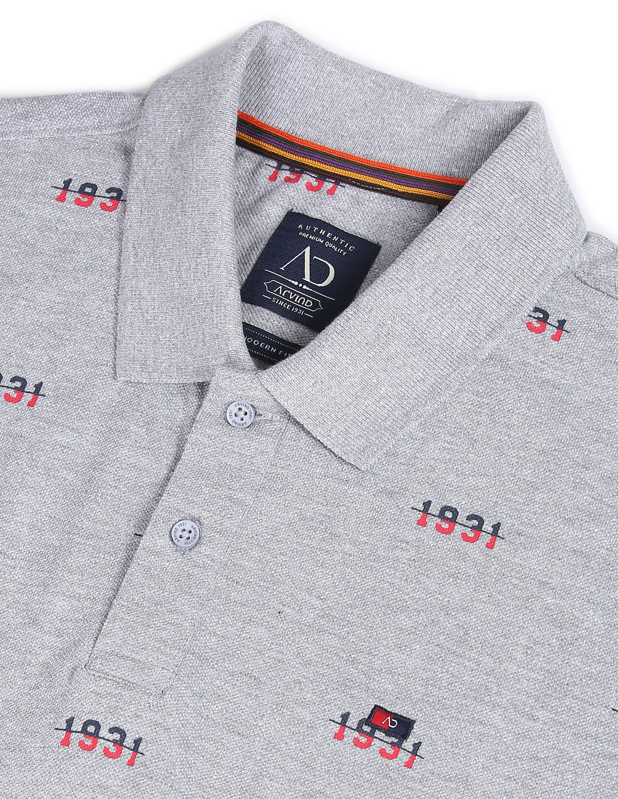 Textured Heathered Typography Print Cotton Polo Shirt