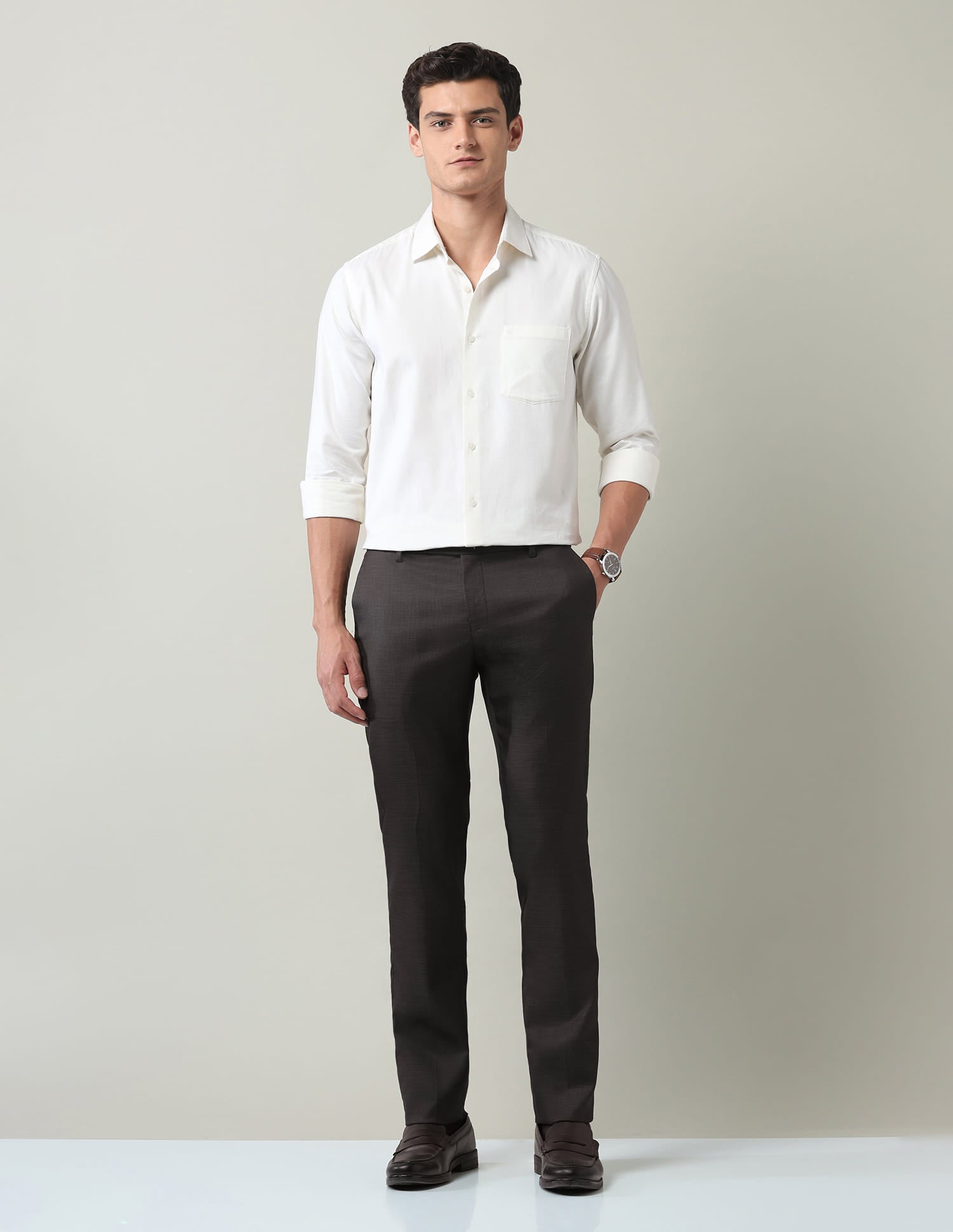 Work Essentials Solid Slim Fit Dobby Trousers