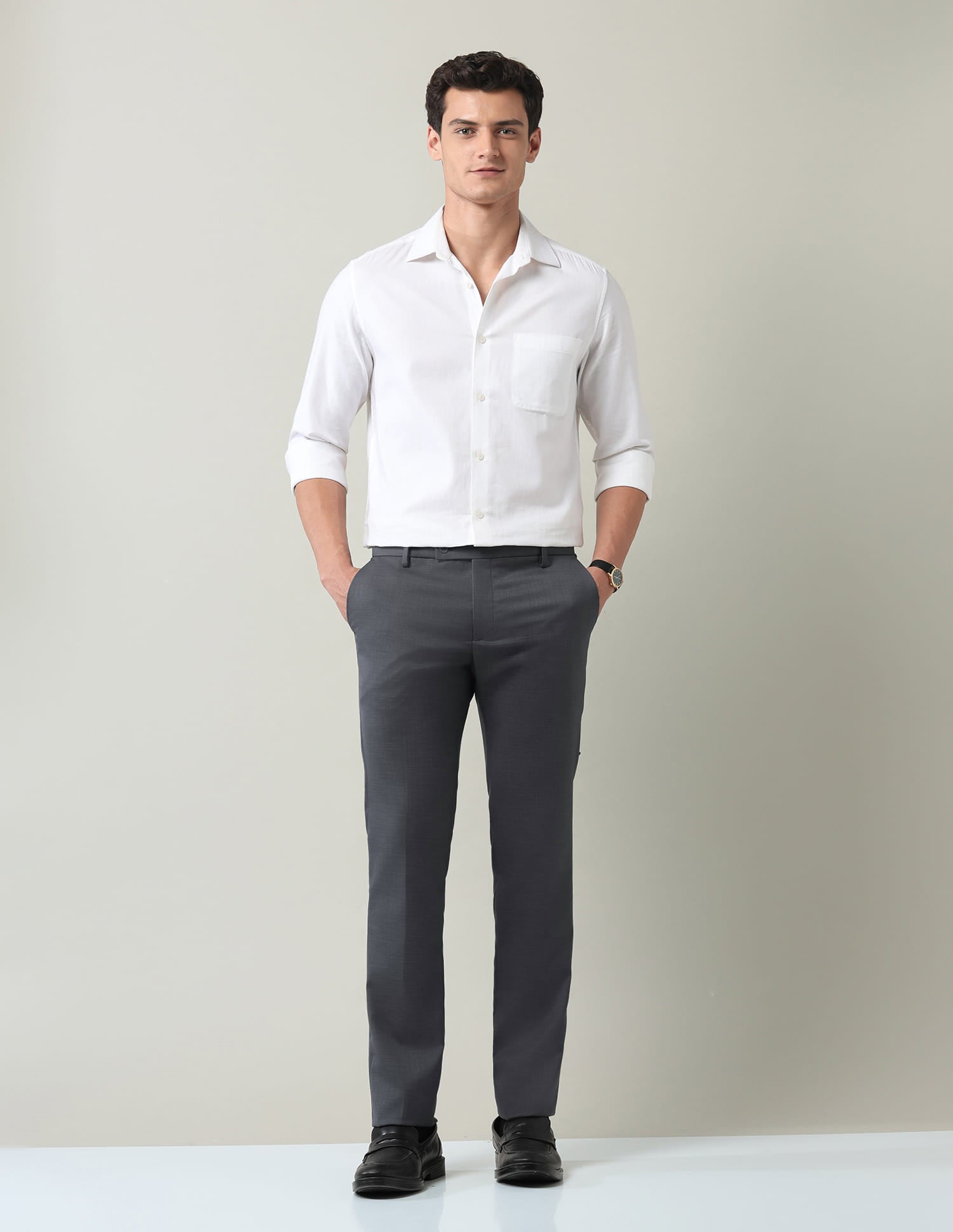 Work Essentials Solid Slim Fit Dobby Trousers