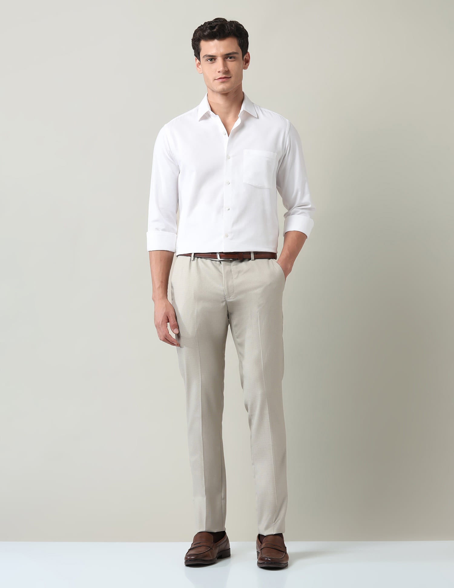Work Essentials Solid Slim Fit Dobby Trousers