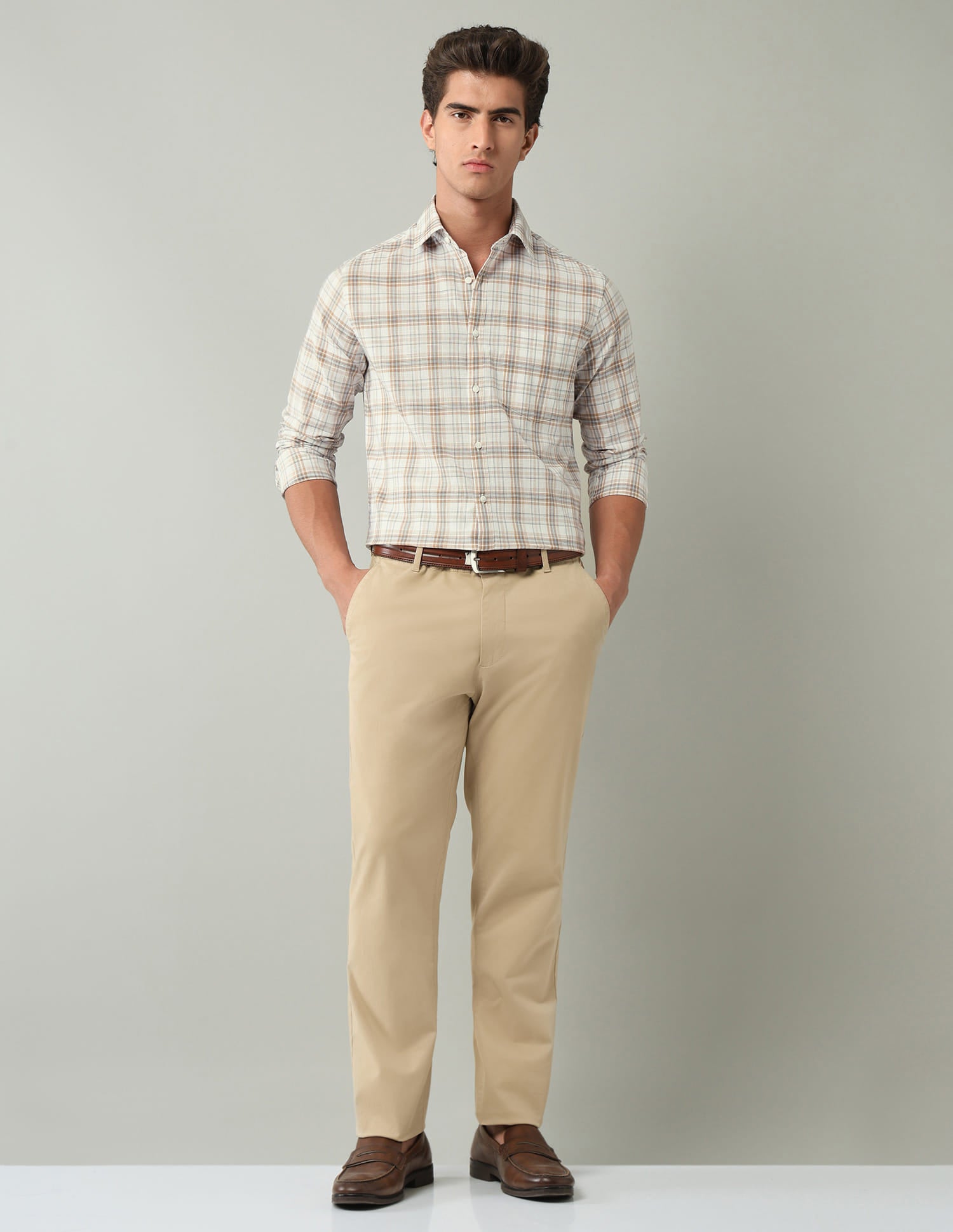 Beige Plaid Checked Regular Fit Shirt