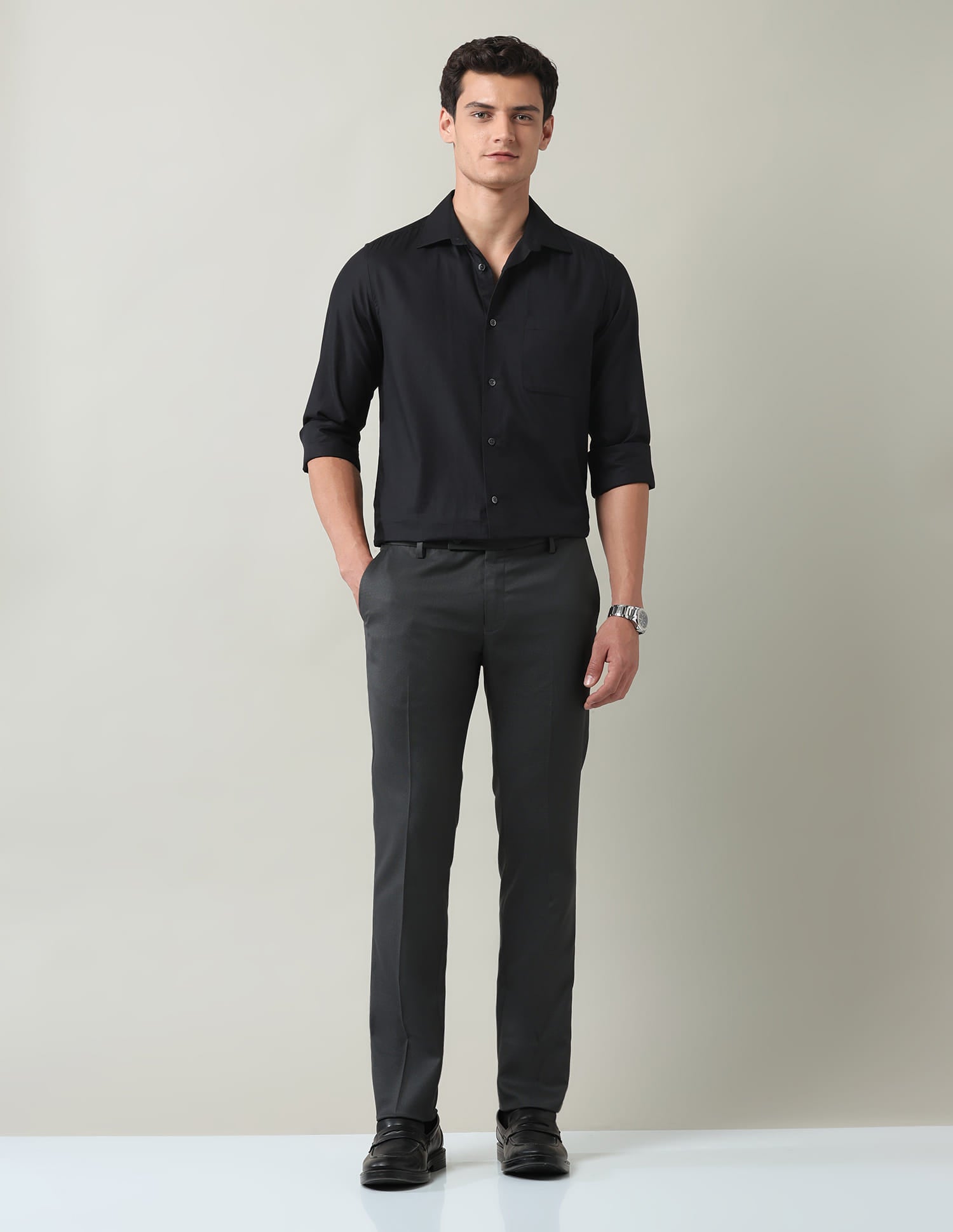 Work Essentials Solid Slim Fit Dobby Trousers