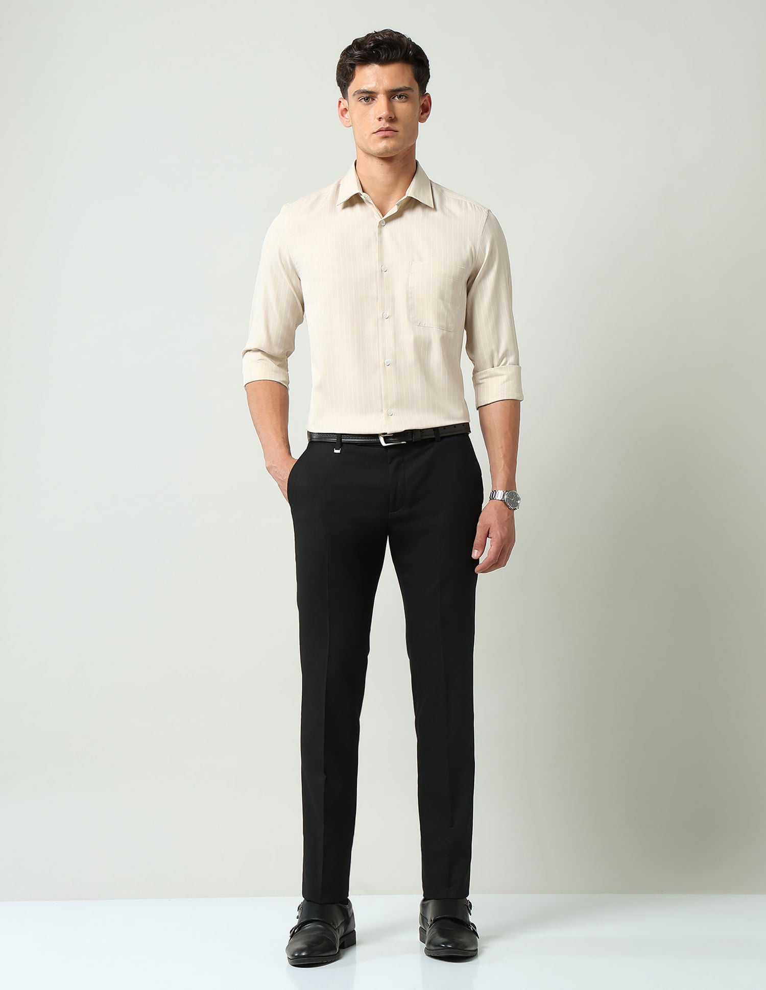 Corporate Core Textured Mid Rise Regular Fit Trousers