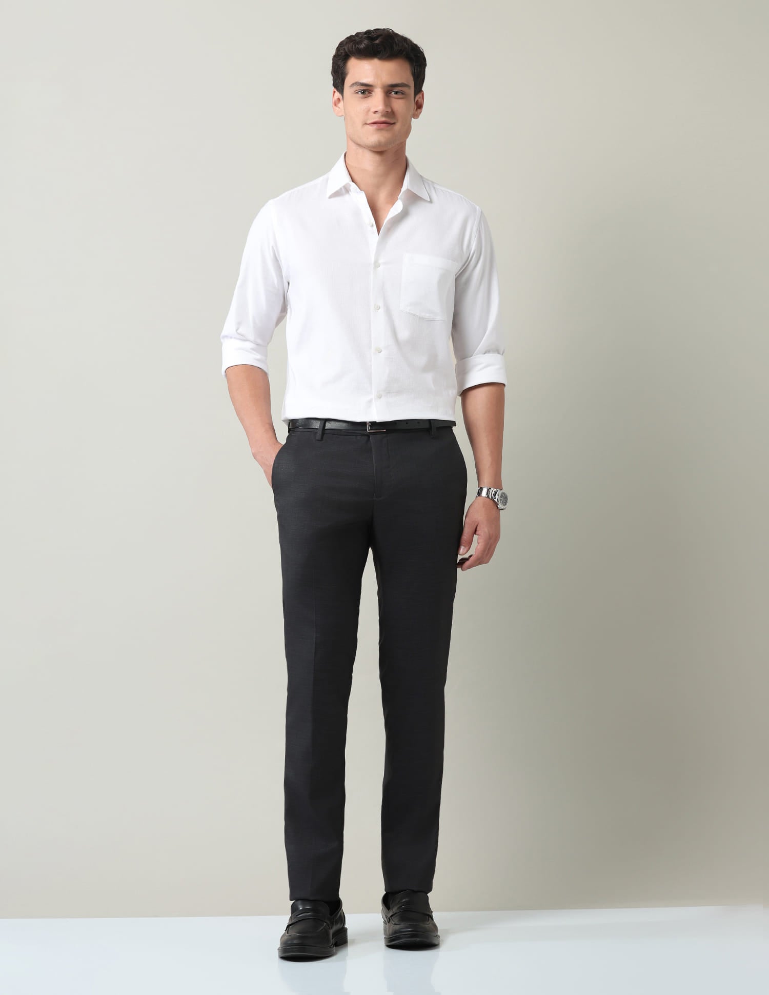 Work Essentials Solid Slim Fit Dobby Trousers