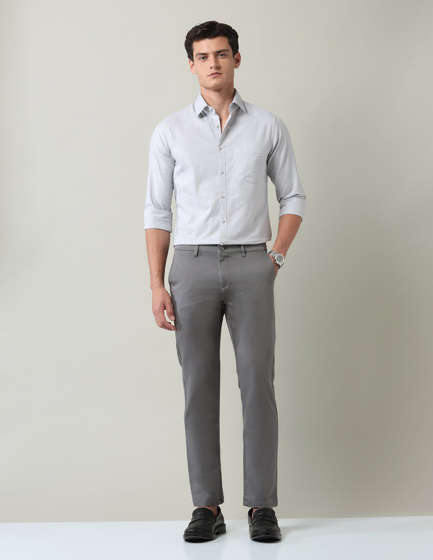 Work Essentials Solid Slim Fit Dobby Trousers