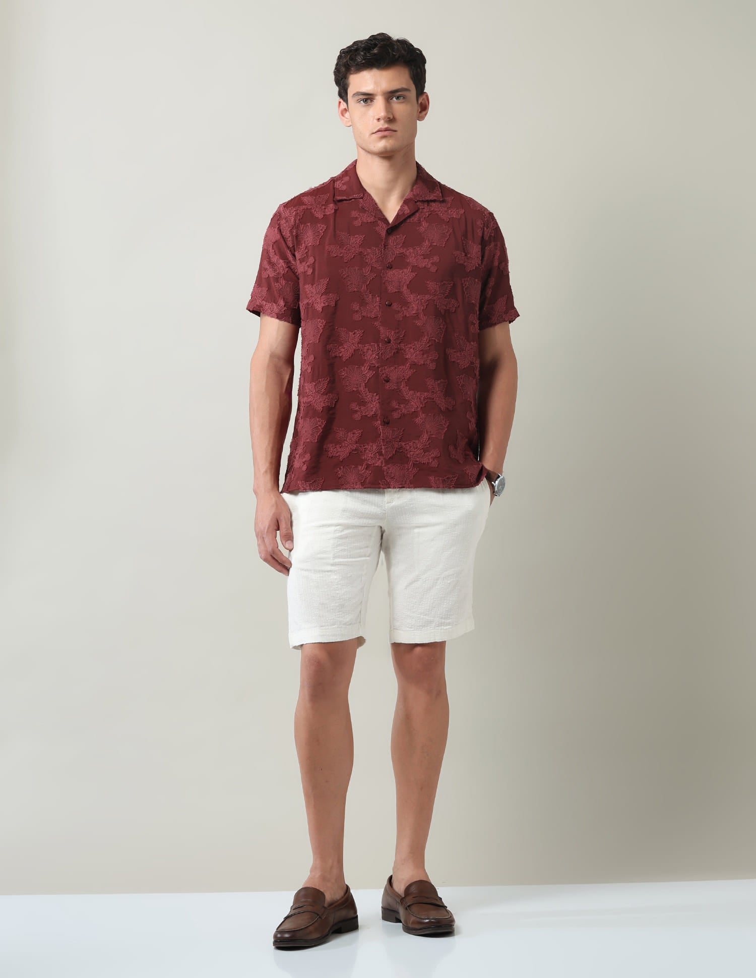 Floral Embroidered Slim Fit Jacquard Shirt
