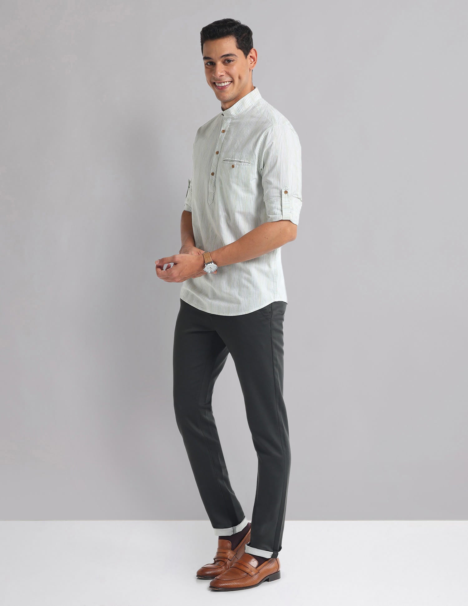 Vertical Stripe Mandarin Collar Indie Shirt