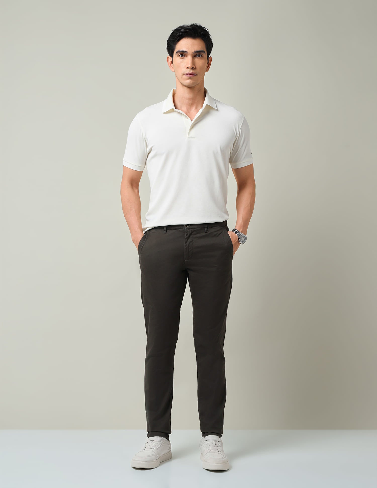 Work Essentials Solid Slim Fit Dobby Trousers