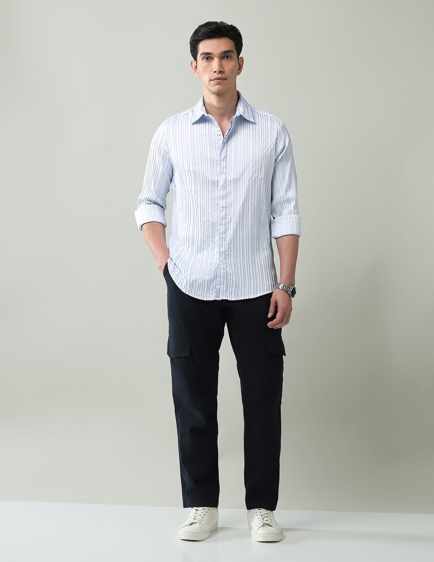 Noir Luxe Vertical Striped Slim Fit Dobby Weave Shirt