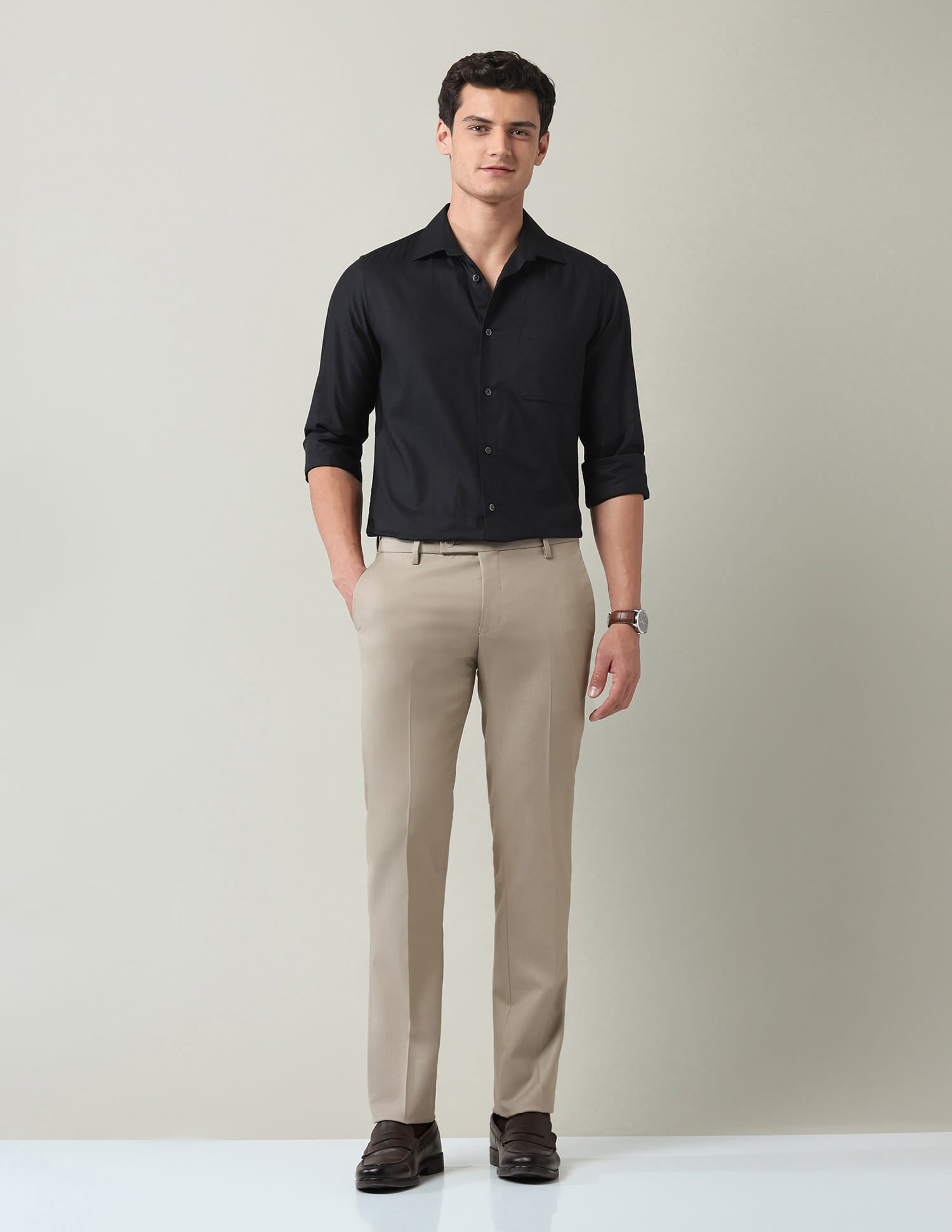 Work Essentials Solid Slim Fit Dobby Trousers