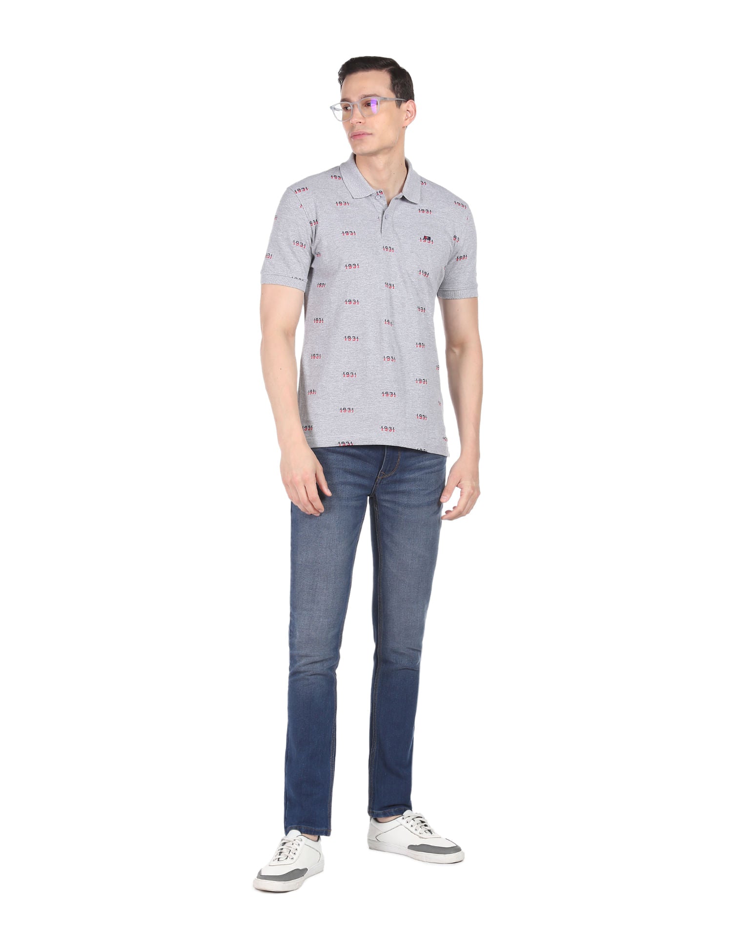 Textured Heathered Typography Print Cotton Polo Shirt