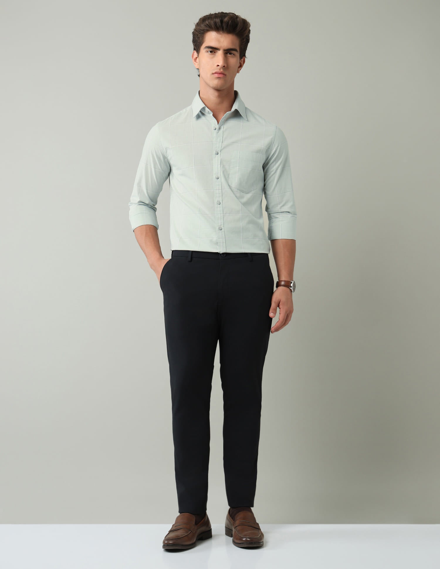 Mint Windowpane Checked Modern Slim Fit Shirt