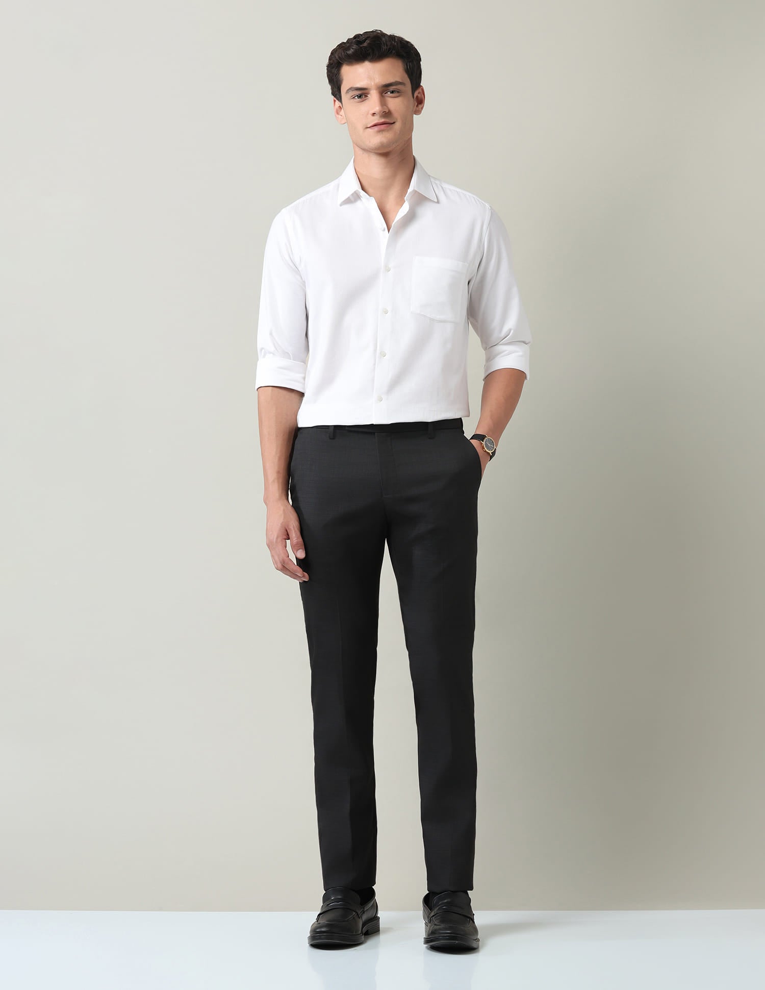 Work Essentials Solid Slim Fit Dobby Trousers