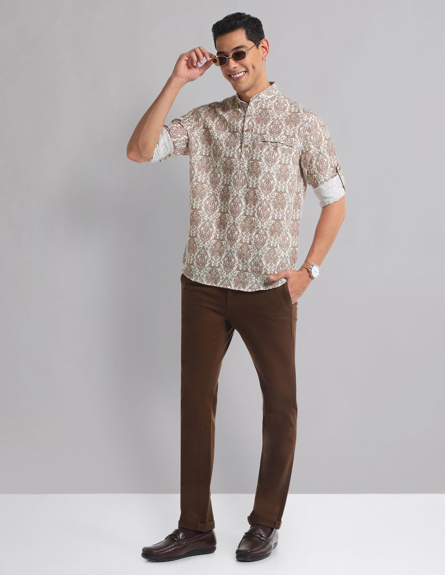 Paisley Motif Print Mandarin Collar Indie Shirt