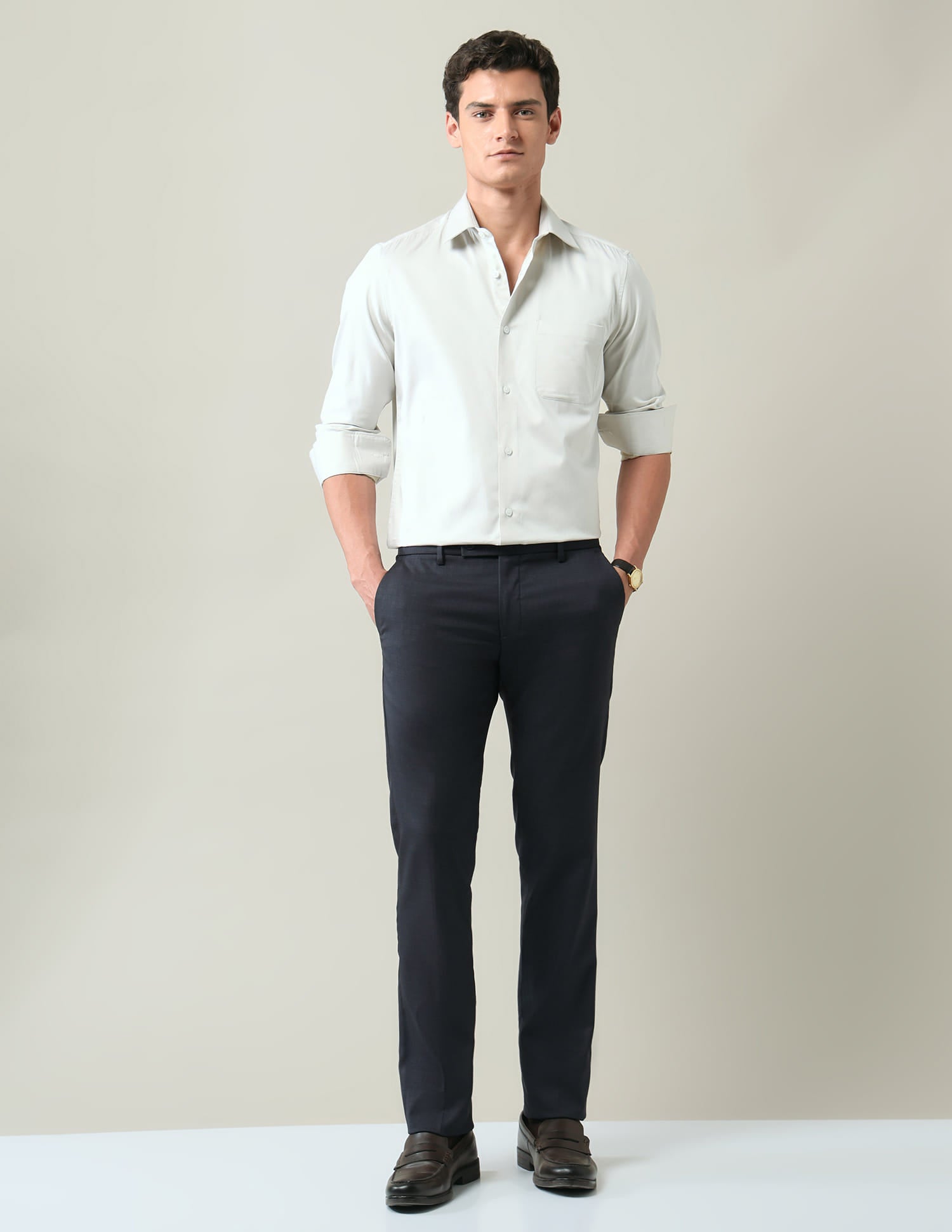 Work Essentials Solid Slim Fit Dobby Trousers