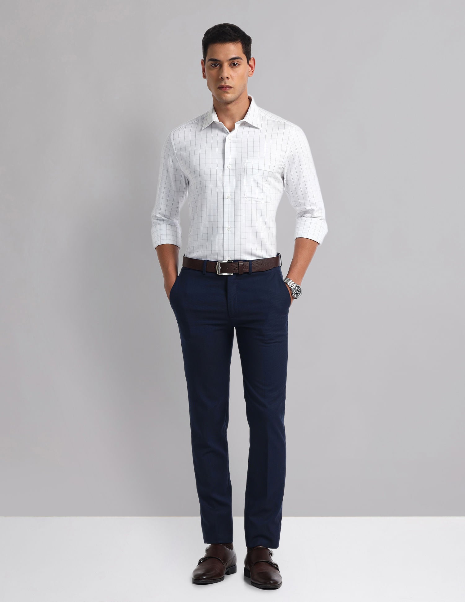 Office essential Windowpane Check Cotton Shirt