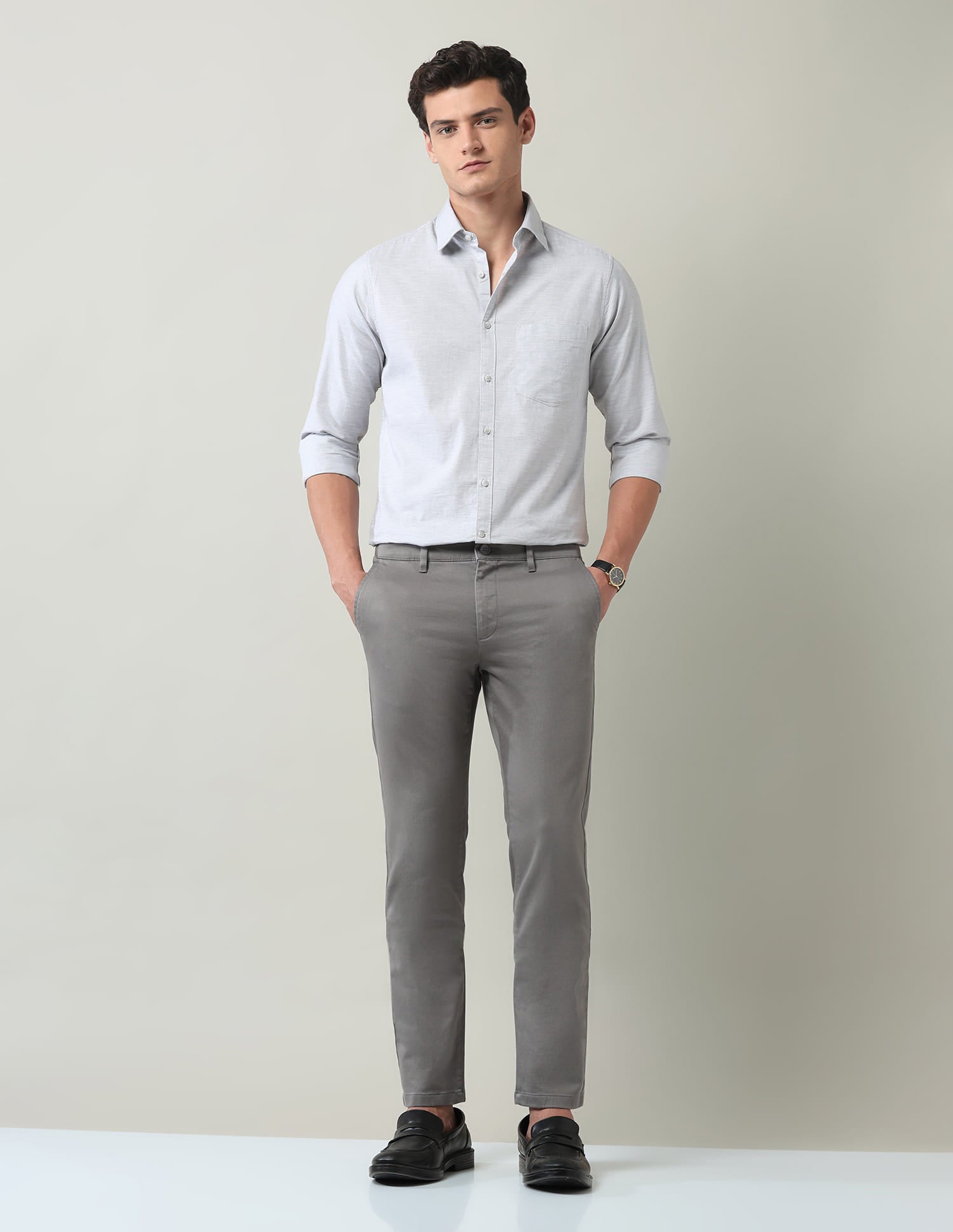 Work Essentials Solid Slim Fit Dobby Trousers