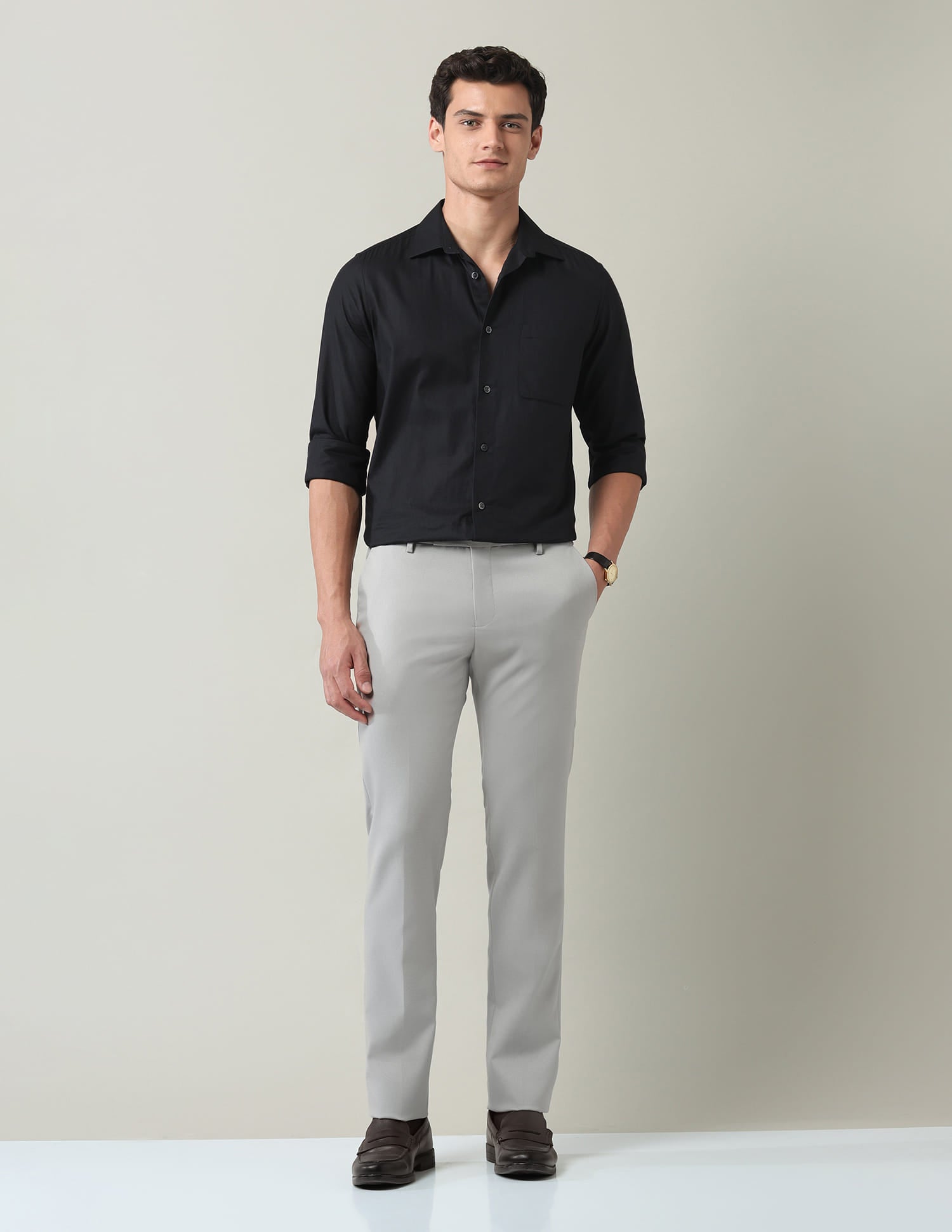 Work Essentials Solid Slim Fit Dobby Trousers
