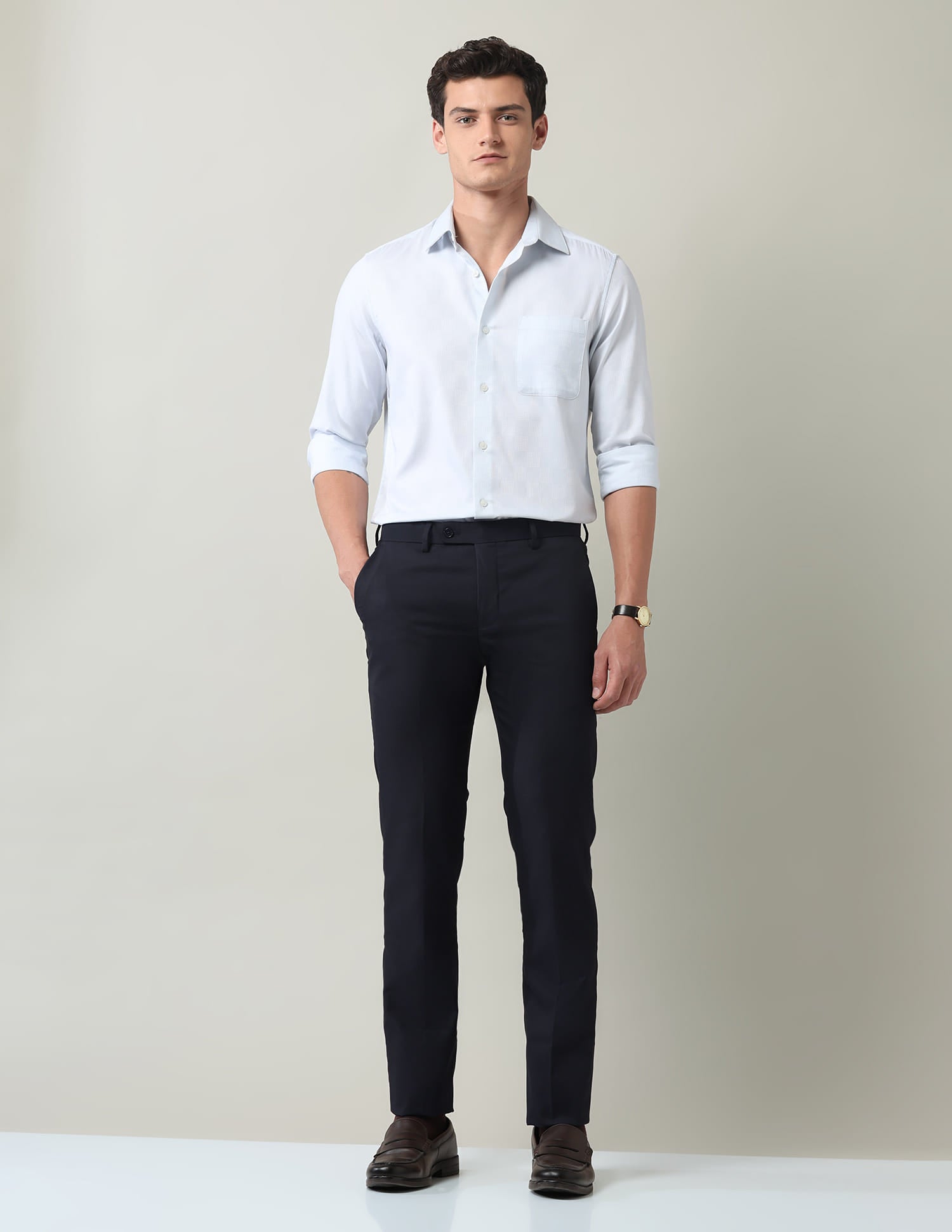 Solid Regular Fit Dobby Trousers
