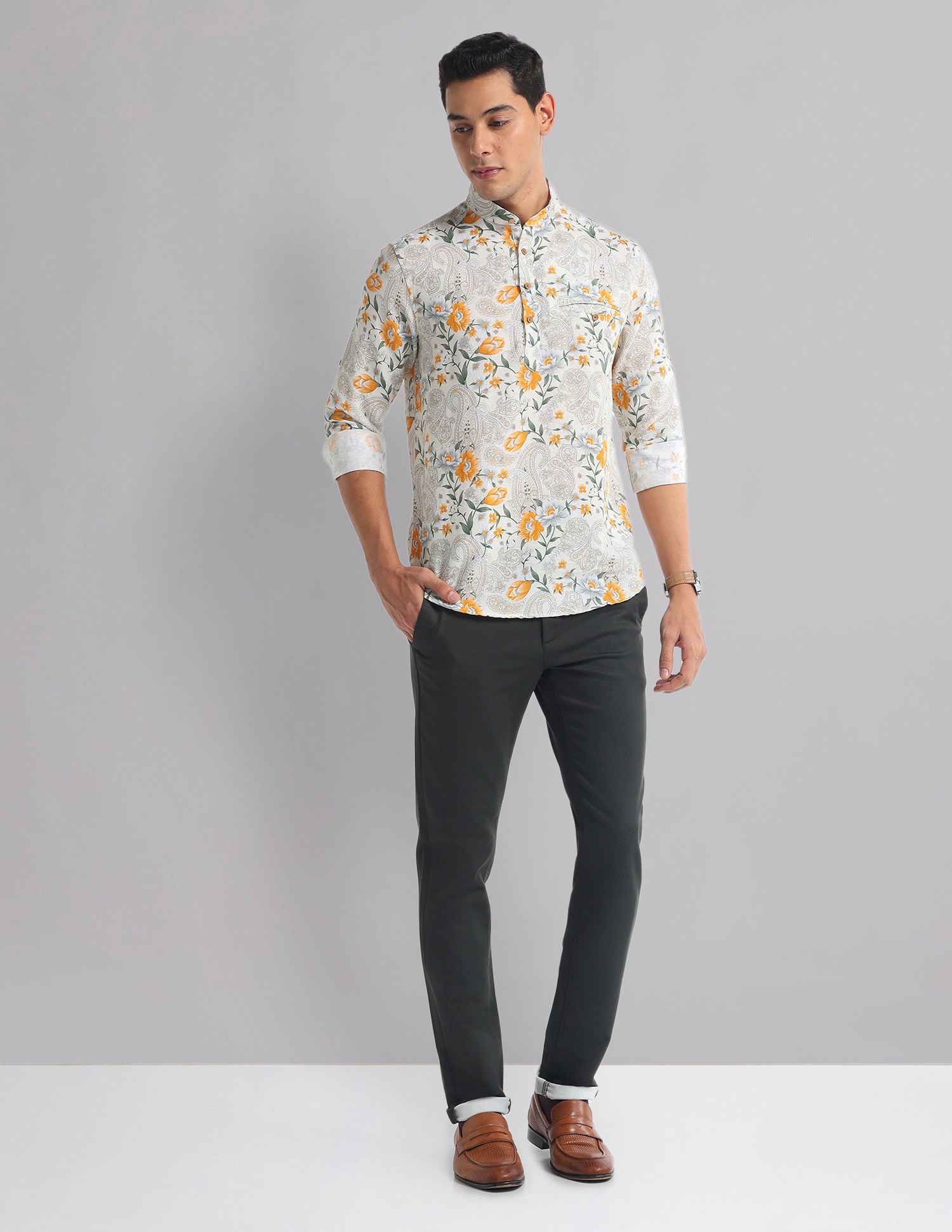 Style-Coded Floral Mandarin Collar Indie Shirt