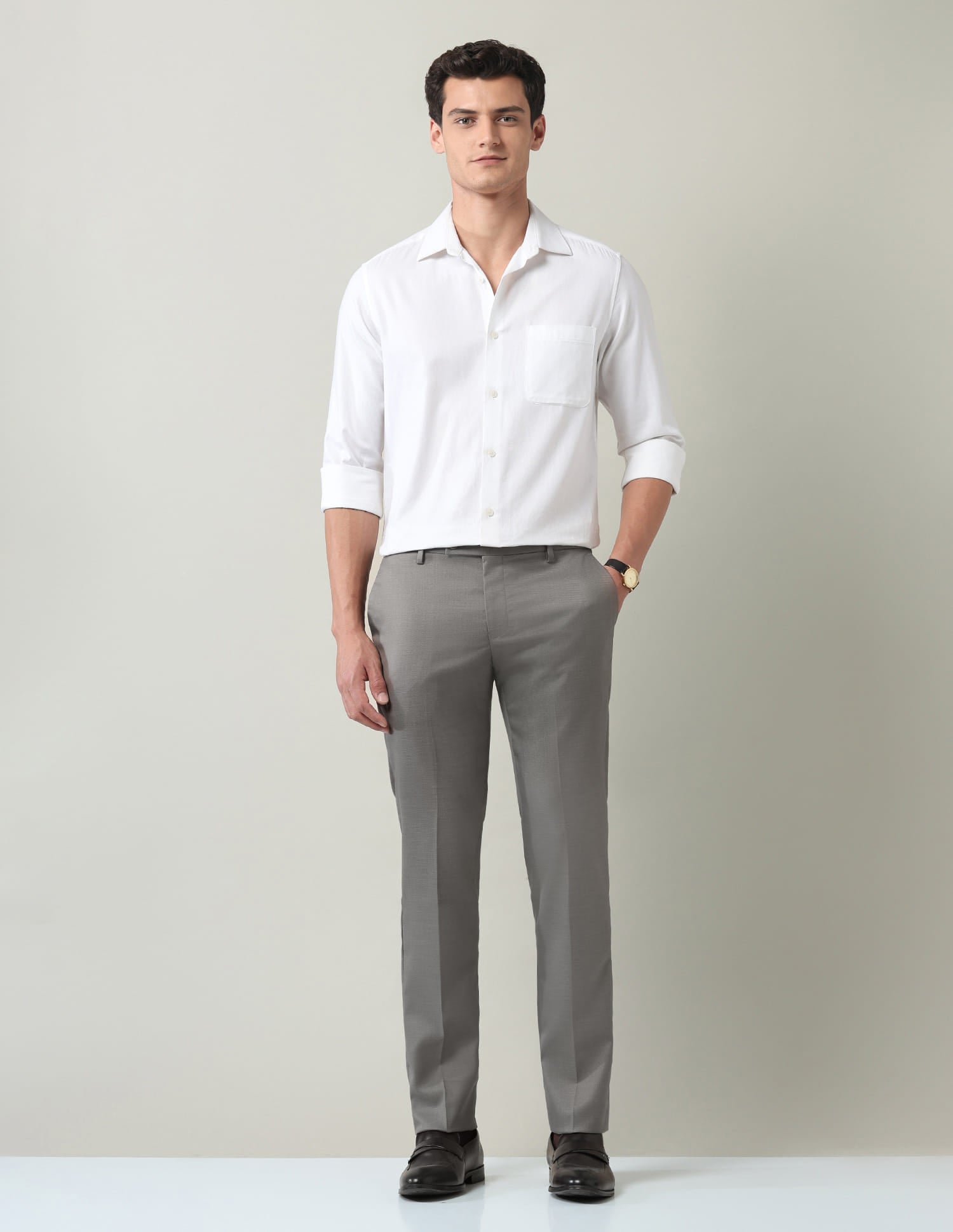 Work Essentials Solid Slim Fit Dobby Trousers