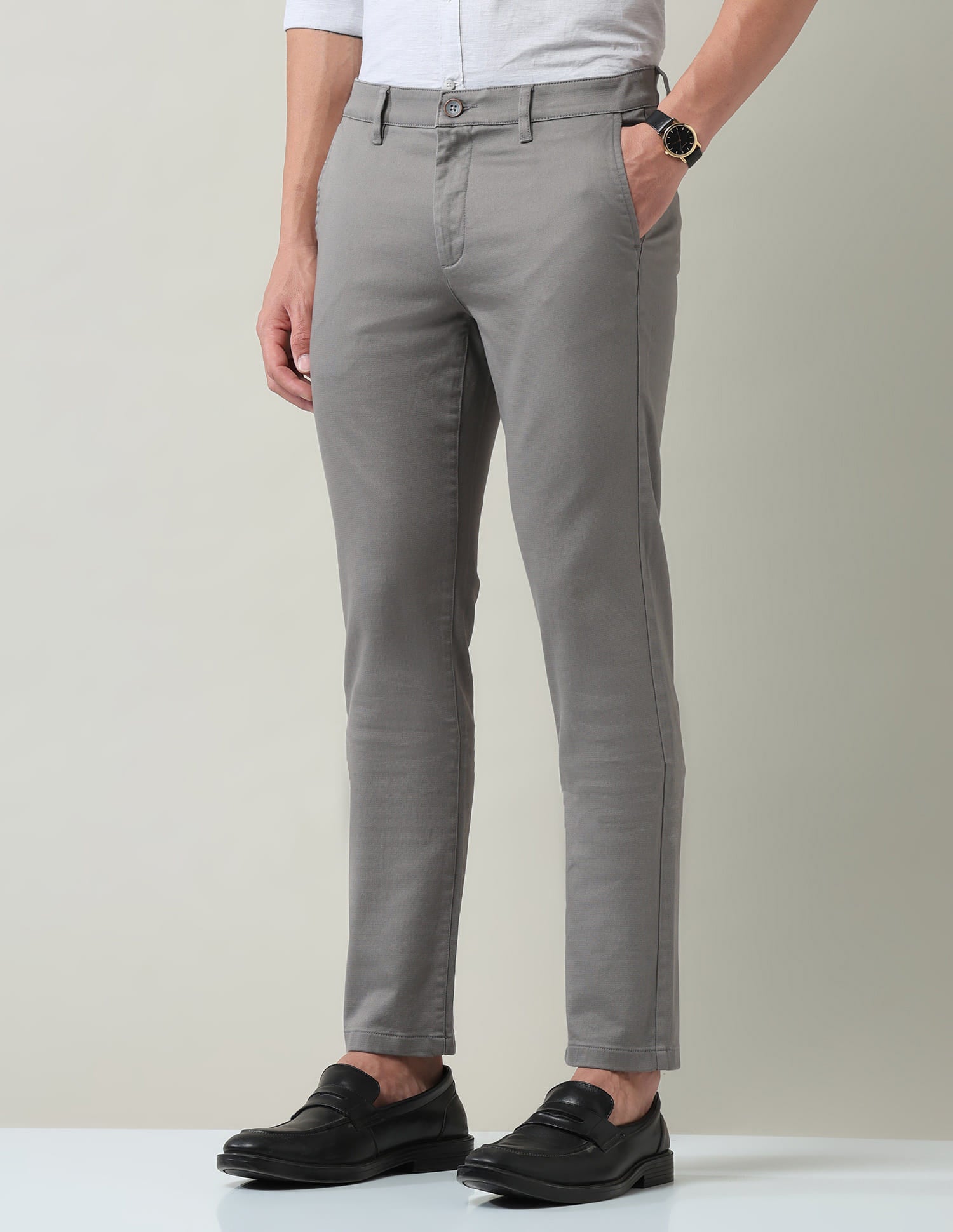 Work Essentials Solid Slim Fit Dobby Trousers