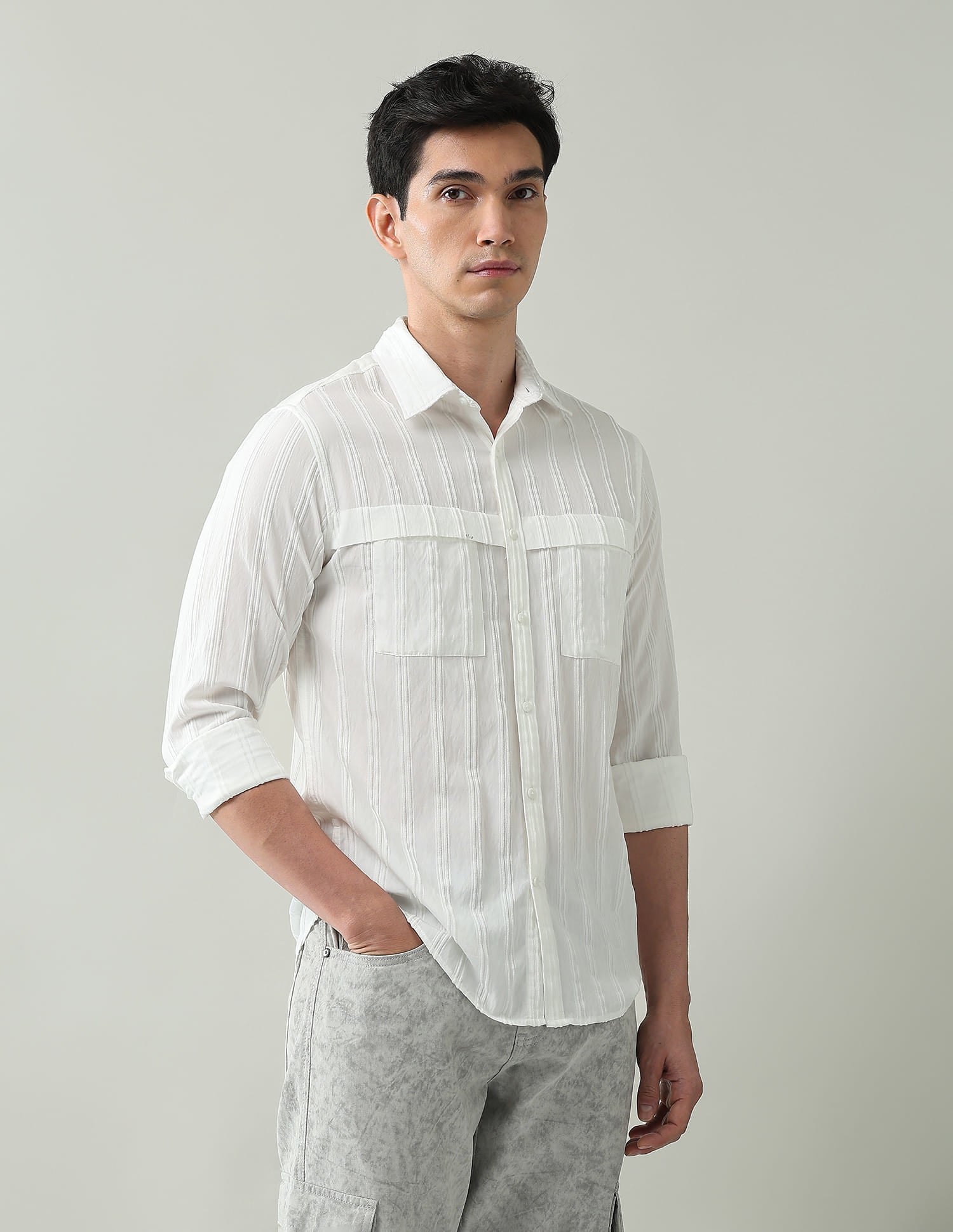Noir Luxe Vertical Striped Slim Fit Dobby Weave Shirt