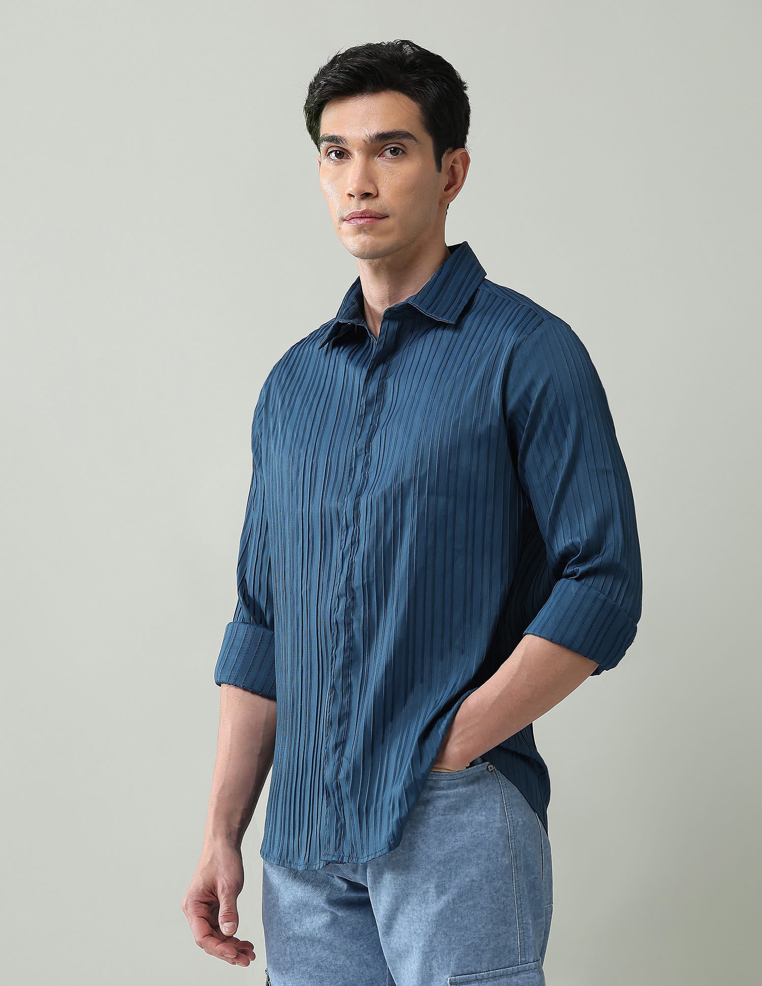 Noir Luxe Vertical Striped Slim Fit Dobby Weave Shirt