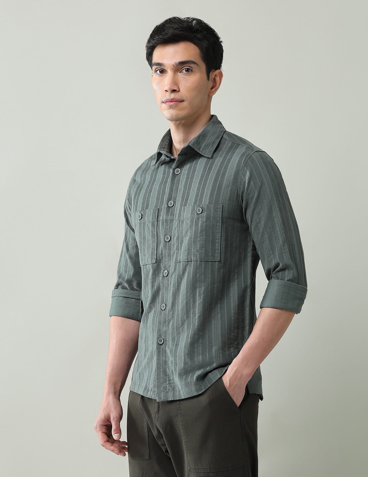 Noir Luxe Vertical Striped Slim Fit Dobby Weave Shirt