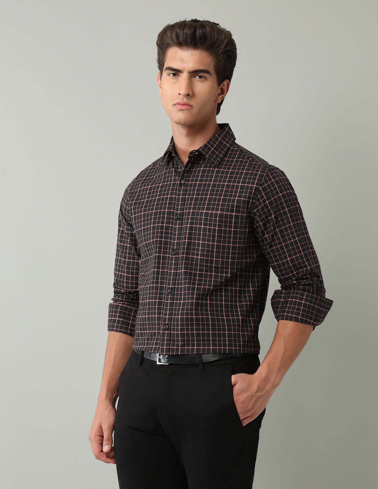 Black Windowpane Checked Modern Slim Fit Shirt