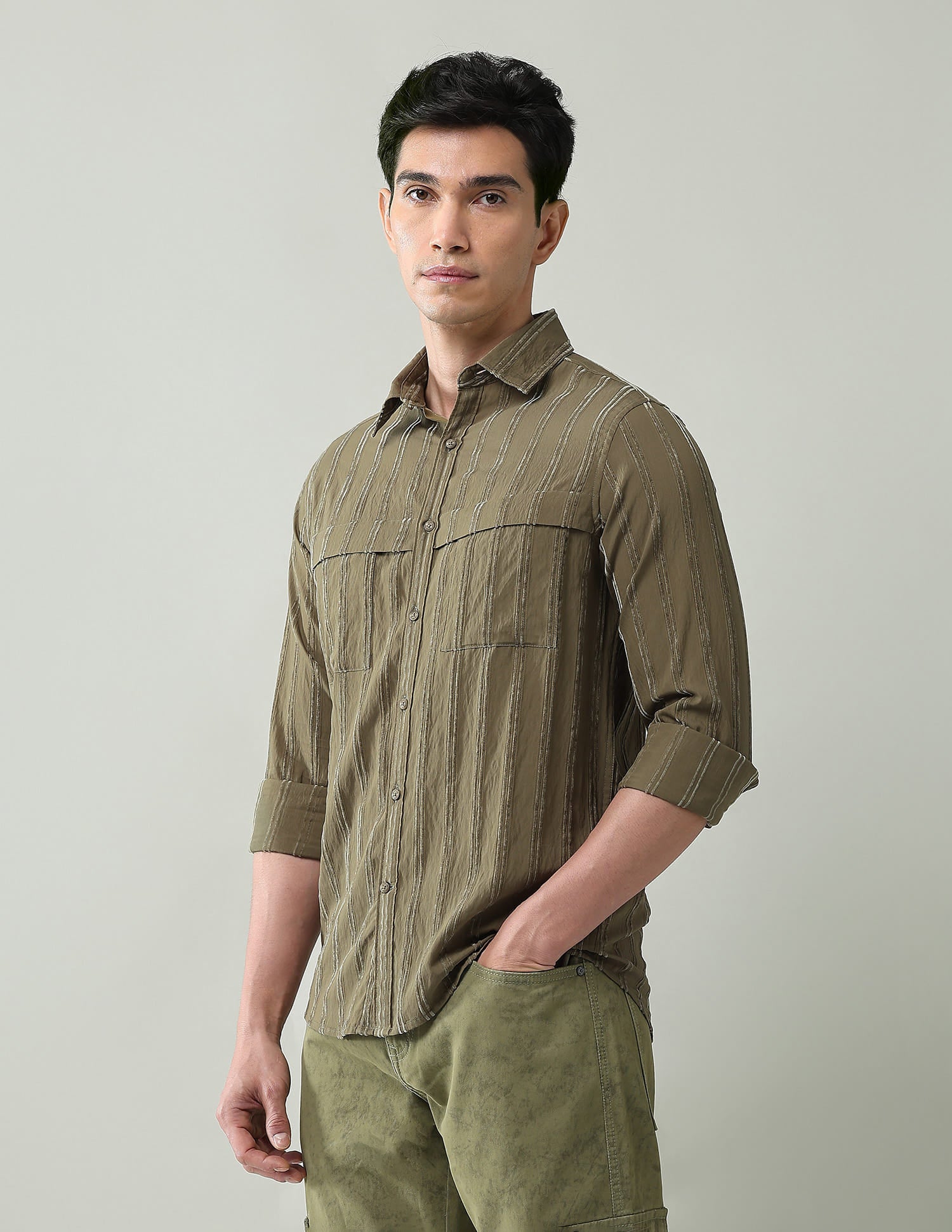 Noir Luxe Vertical Striped Slim Fit Dobby Weave Shirt