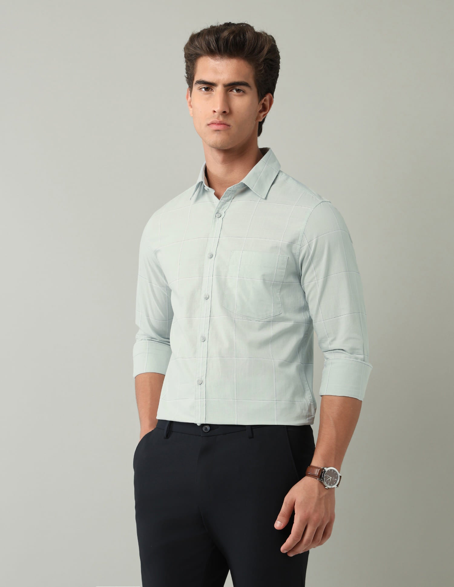 Mint Windowpane Checked Modern Slim Fit Shirt